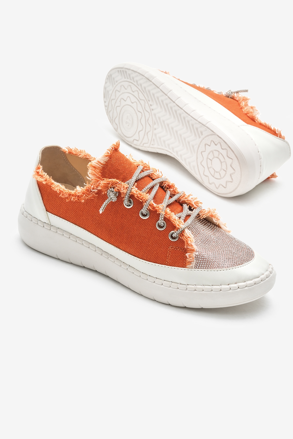 Kadın Oranj Poli Taban Denim Kumaş Taşlı Bağcıklı Spor Ayakkabı - Görsel 5