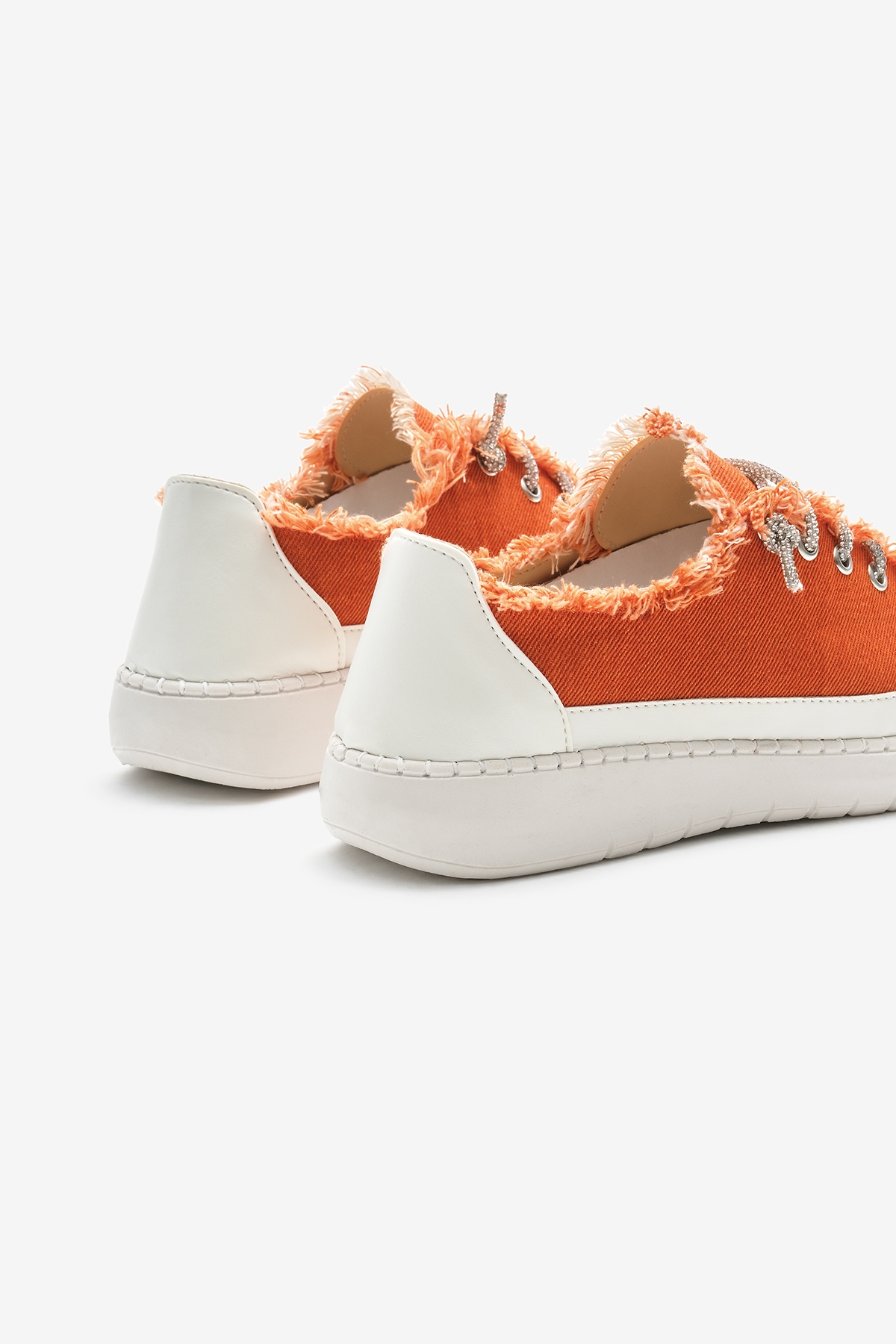 Kadın Oranj Poli Taban Denim Kumaş Taşlı Bağcıklı Spor Ayakkabı - Görsel 6