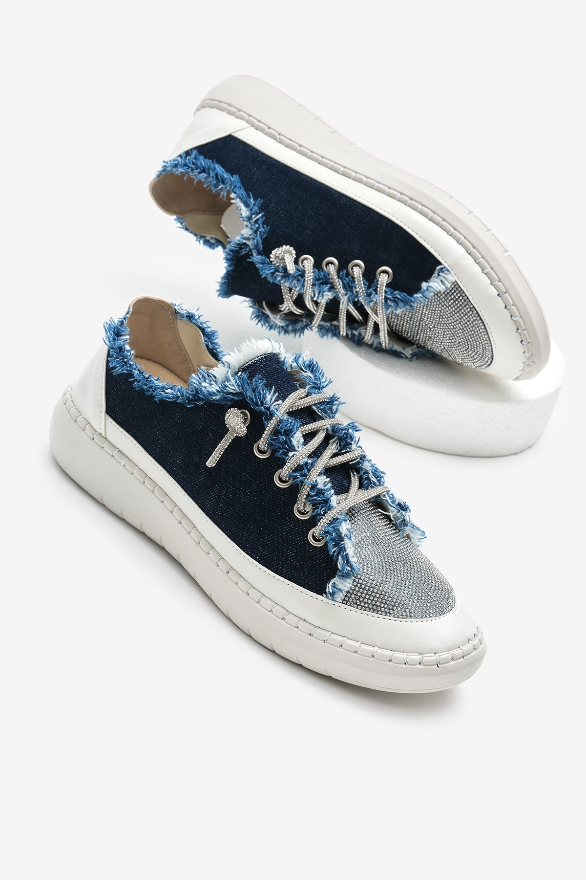 Kadın Lacivert Poli Taban Denim Kumaş Taşlı Bağcıklı Spor Ayakkabı - Görsel 3