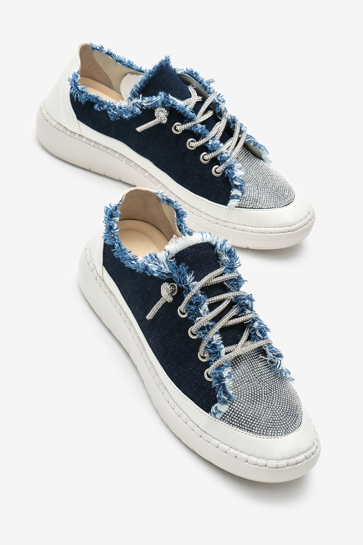 Kadın Lacivert Poli Taban Denim Kumaş Taşlı Bağcıklı Spor Ayakkabı - Görsel 4