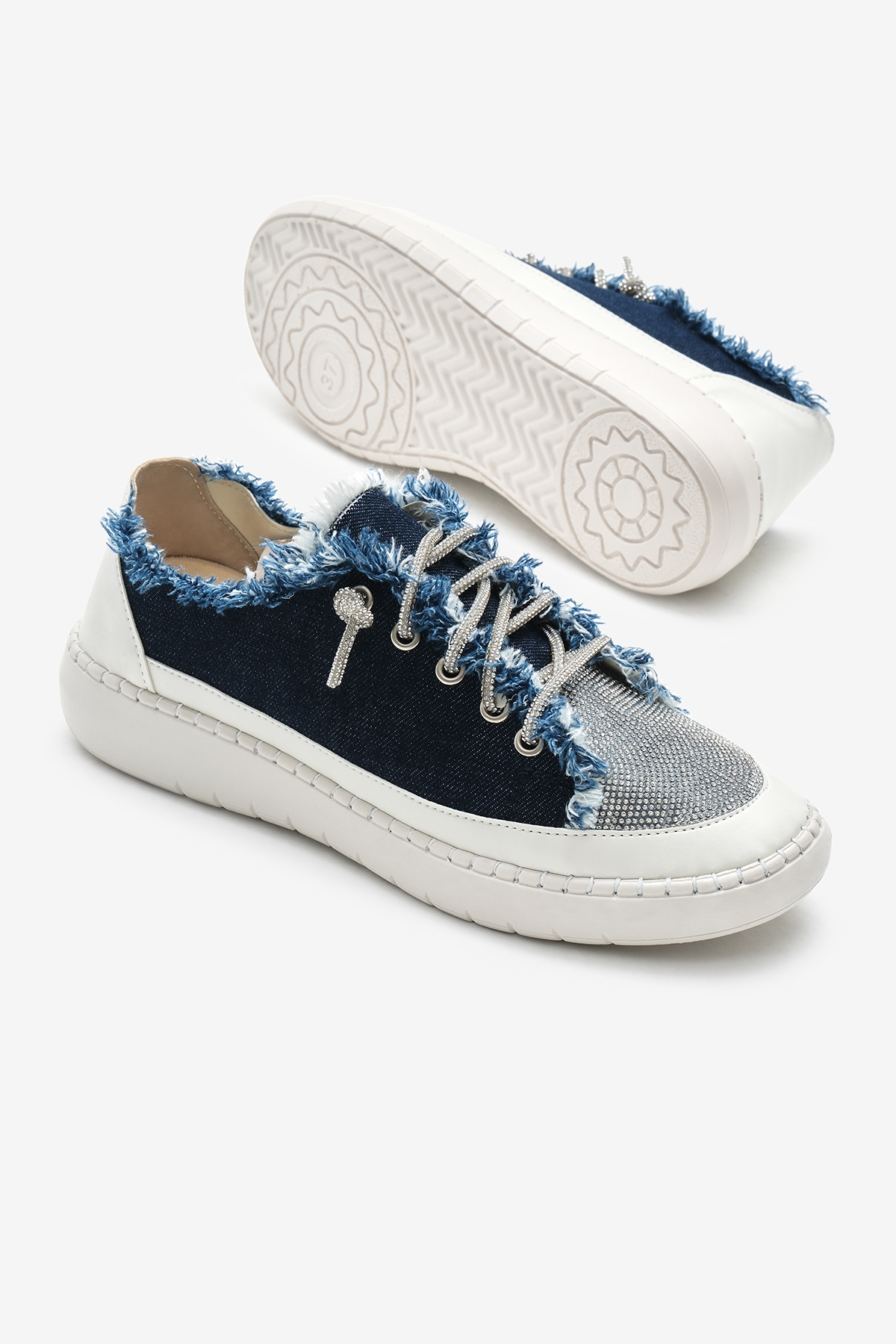Kadın Lacivert Poli Taban Denim Kumaş Taşlı Bağcıklı Spor Ayakkabı - Görsel 5
