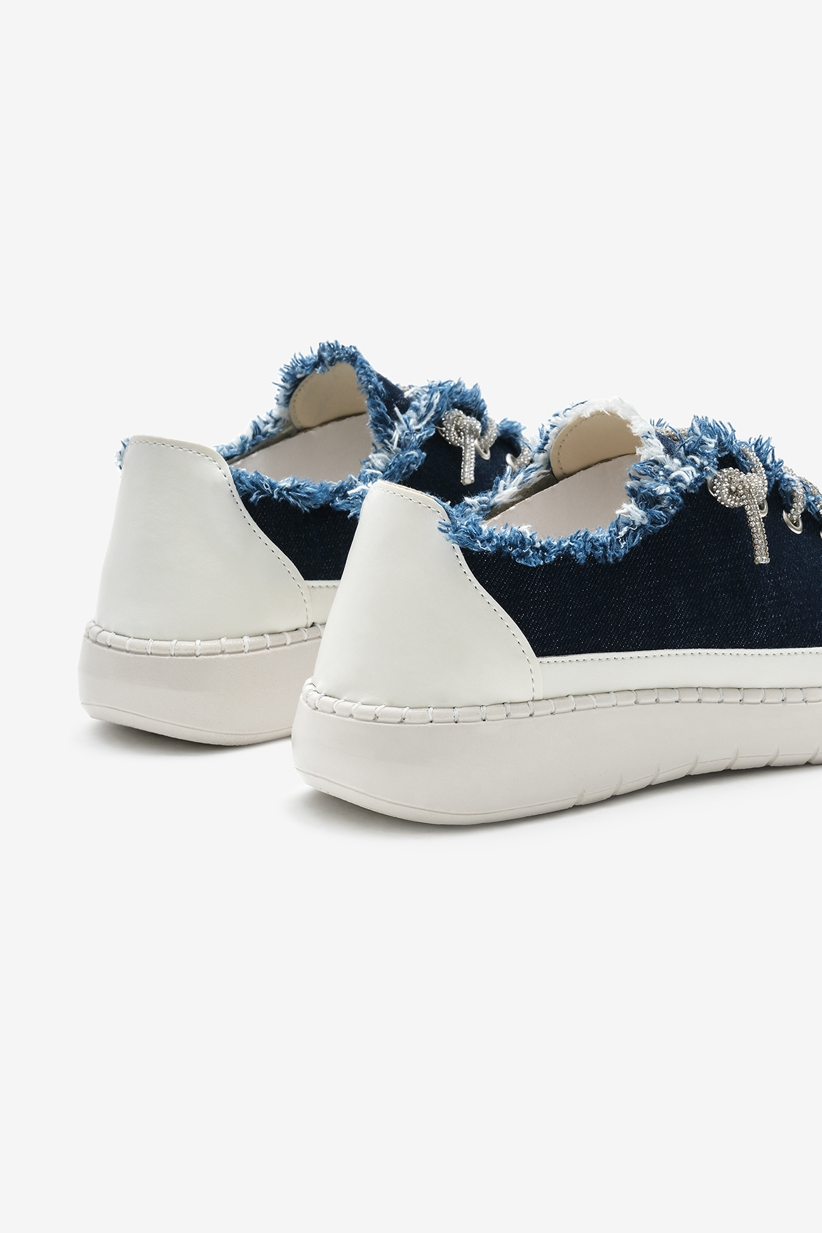 Kadın Lacivert Poli Taban Denim Kumaş Taşlı Bağcıklı Spor Ayakkabı - Görsel 6