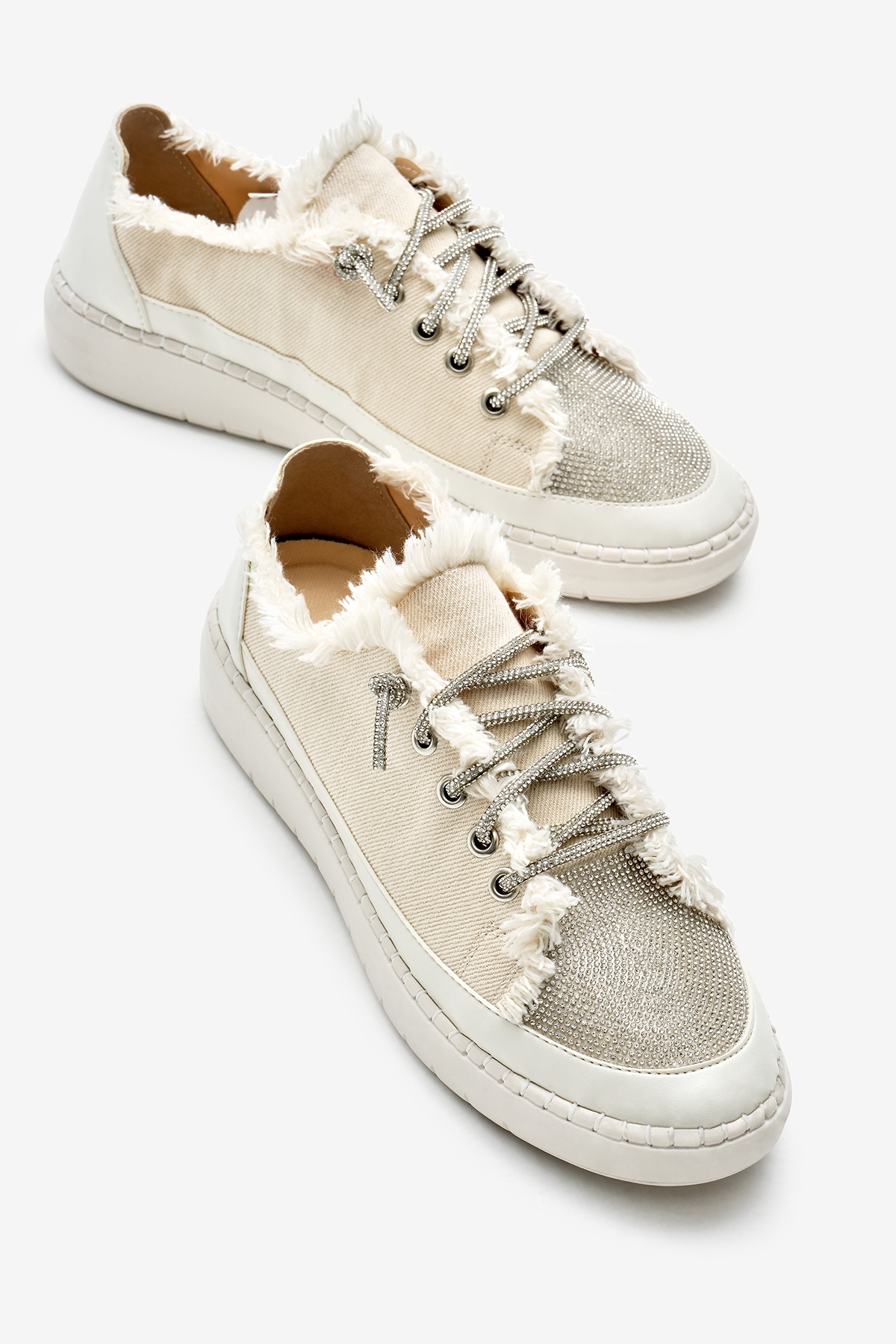 Kadın Bej Poli Taban Denim Kumaş Taşlı Bağcıklı Spor Ayakkabı - Görsel 4