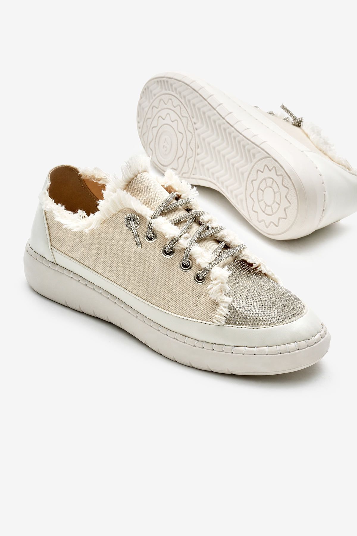 Kadın Bej Poli Taban Denim Kumaş Taşlı Bağcıklı Spor Ayakkabı - Görsel 5