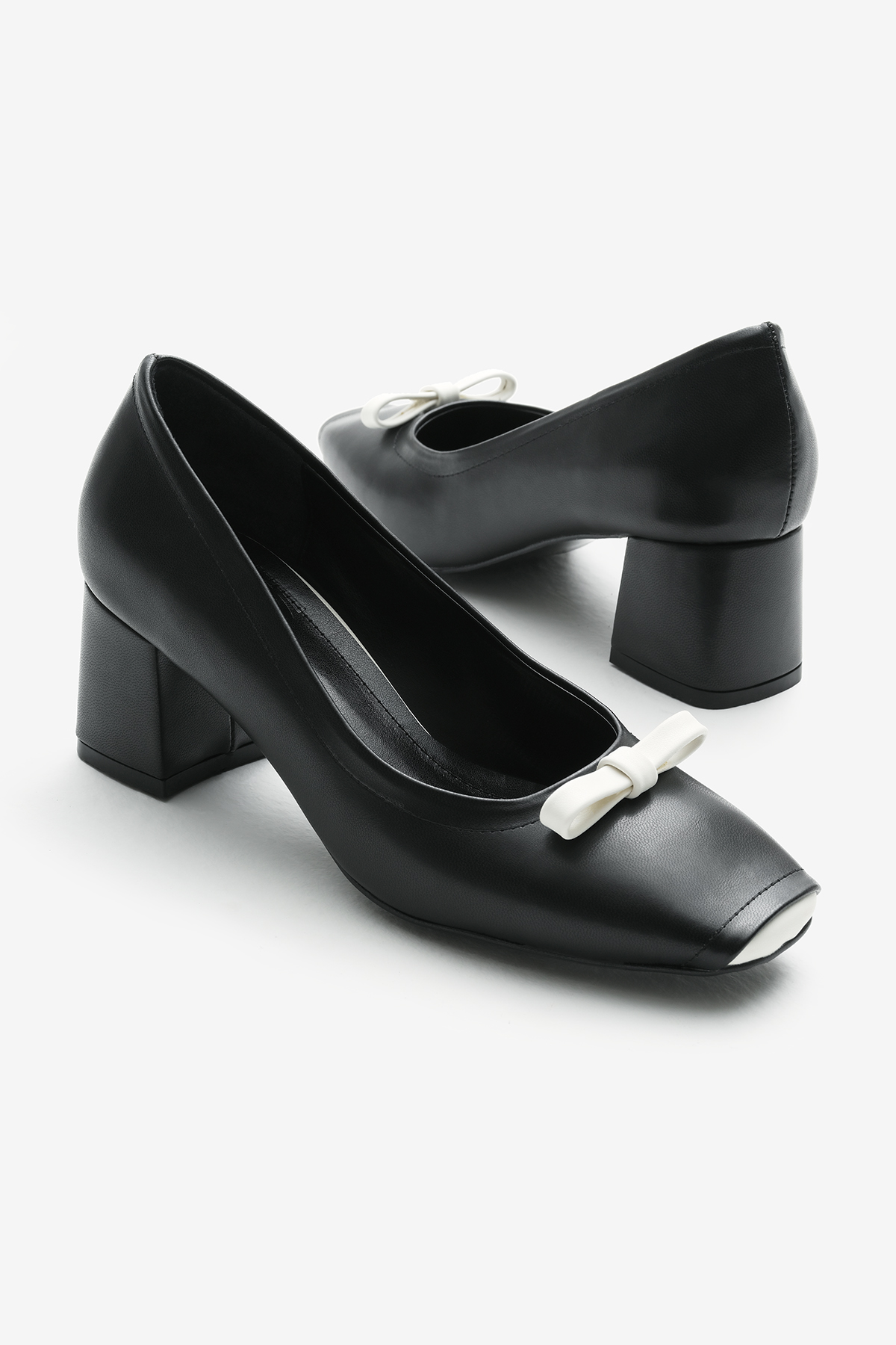 Kadın Siyah Neolit Taban Fiyonk Tokalı Kare Burunlu Kalın Topuklu Ayakkabı - Görsel 4