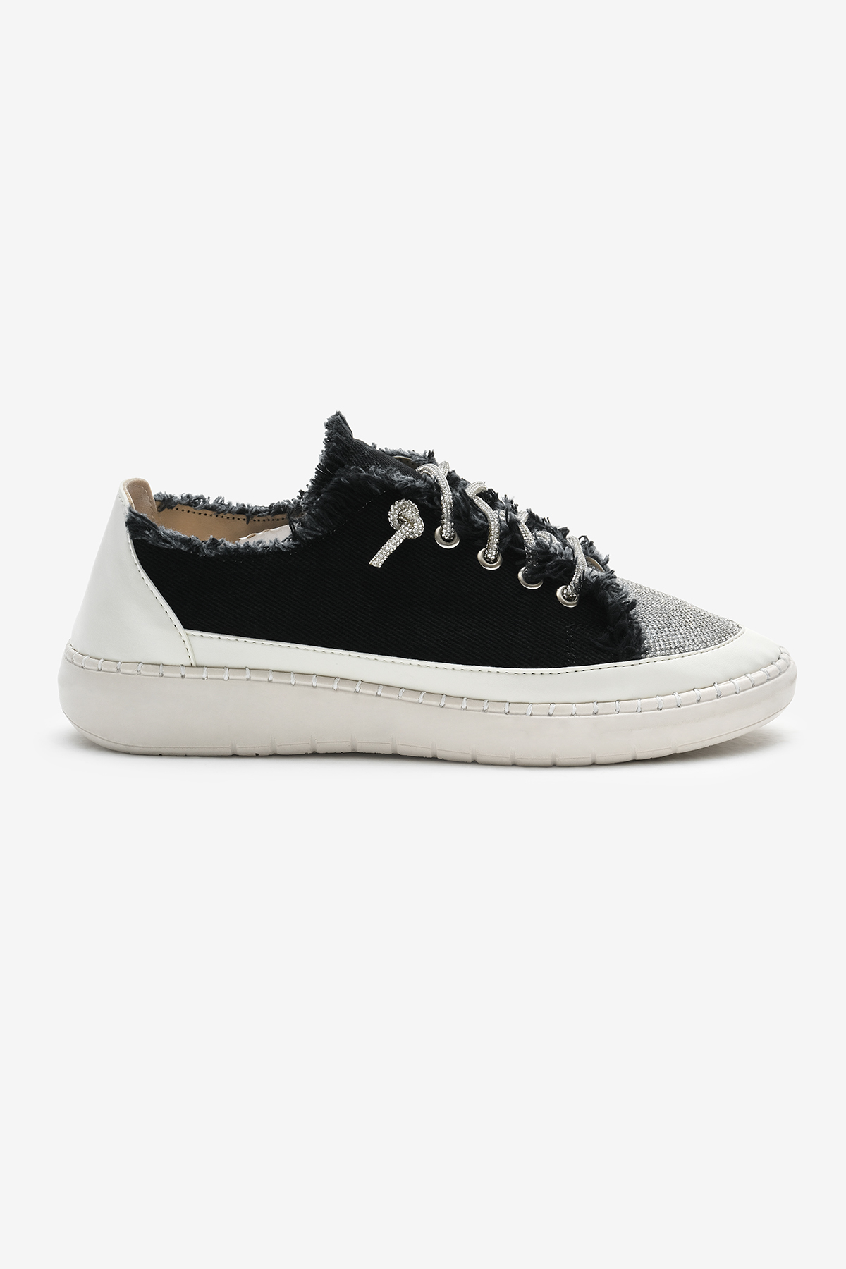 Kadın Siyah Poli Taban Denim Kumaş Taşlı Bağcıklı Spor Ayakkabı - Görsel 2