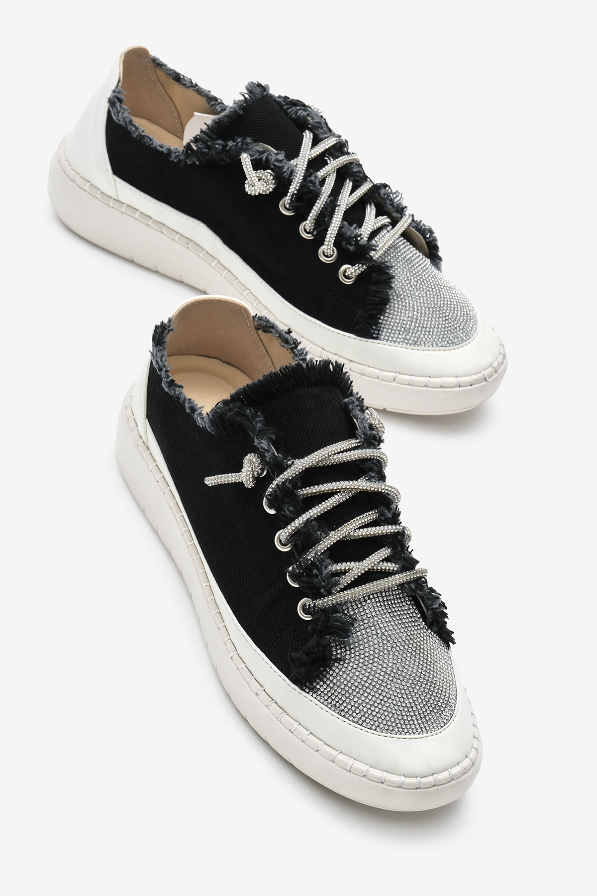 Kadın Siyah Poli Taban Denim Kumaş Taşlı Bağcıklı Spor Ayakkabı - Görsel 4