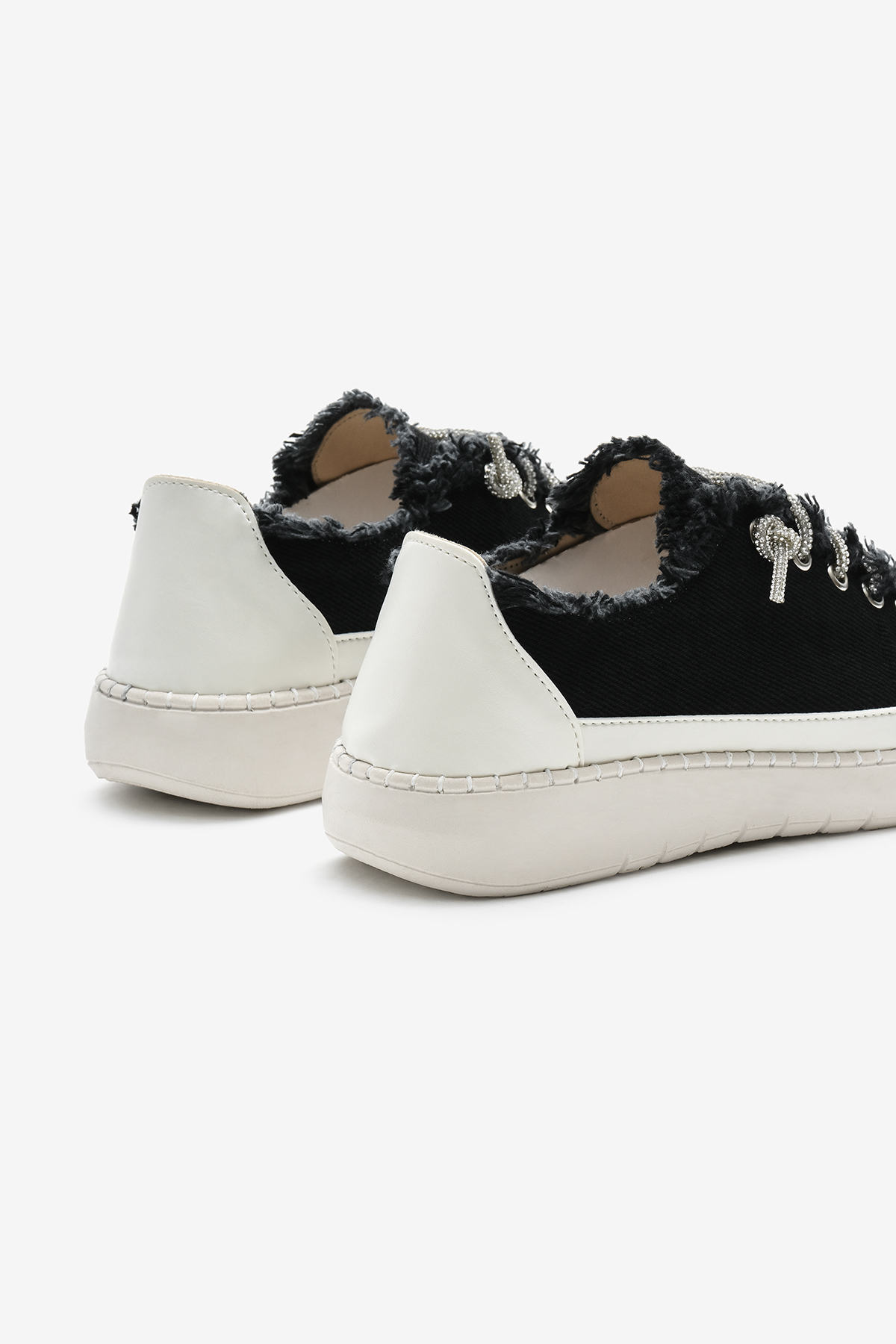 Kadın Siyah Poli Taban Denim Kumaş Taşlı Bağcıklı Spor Ayakkabı - Görsel 6