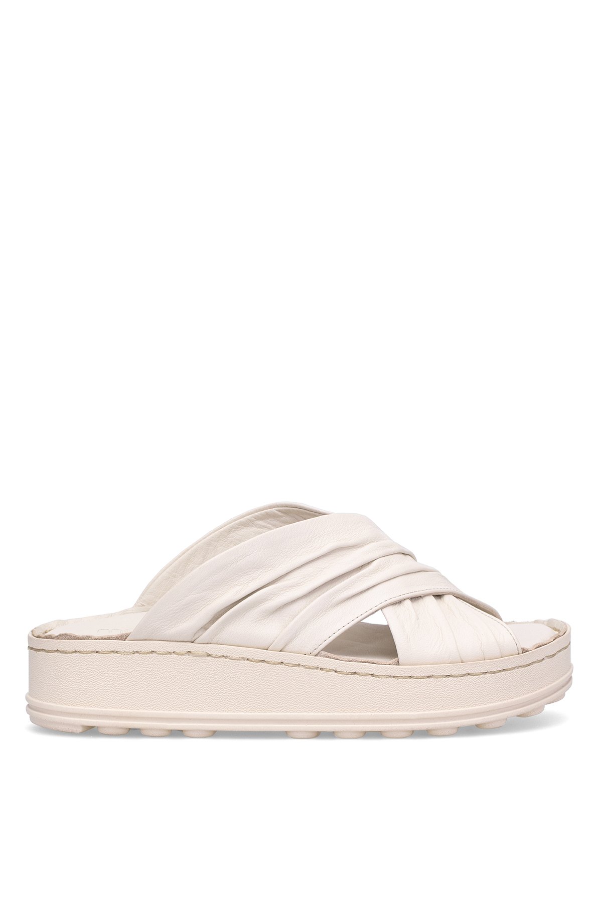 D25YT-1430 Kadın Hakiki Deri Düz Terlik Krem - Görsel 2