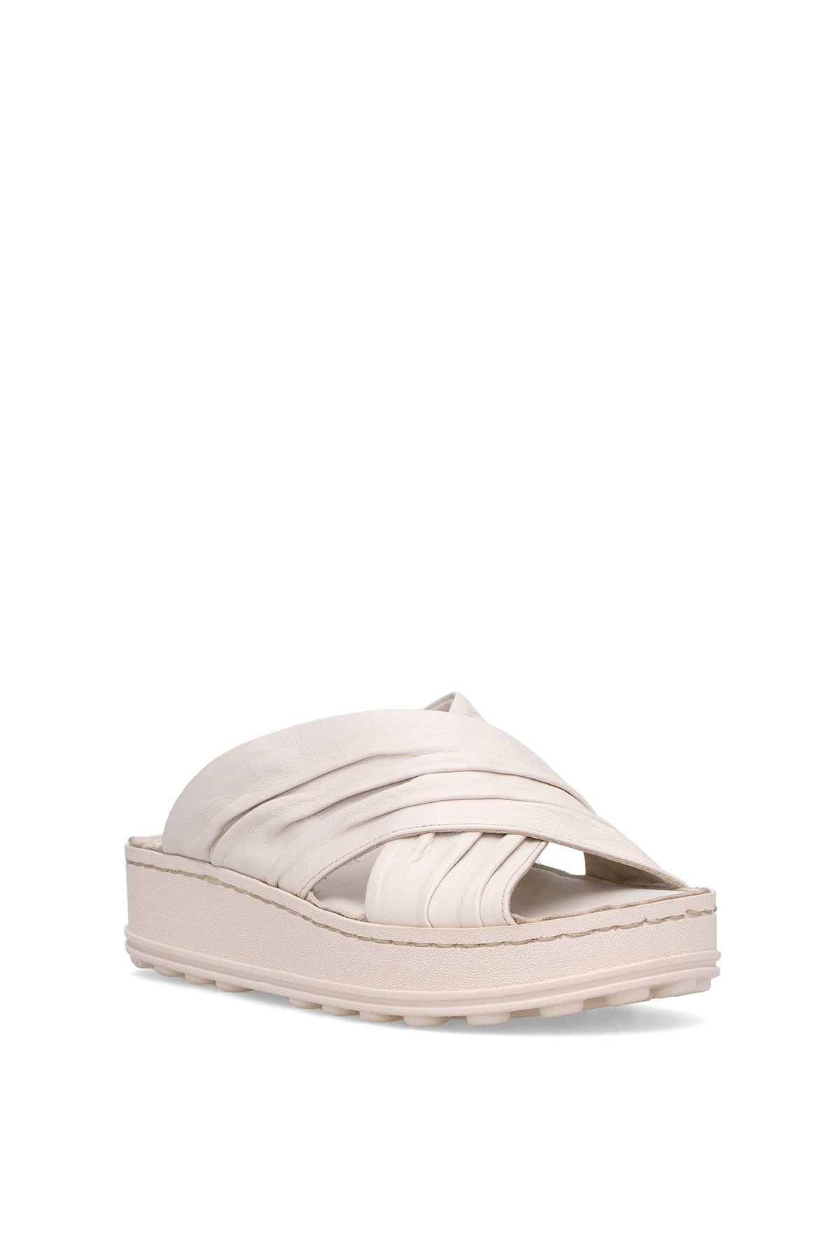 D25YT-1430 Kadın Hakiki Deri Düz Terlik Krem - Görsel 3