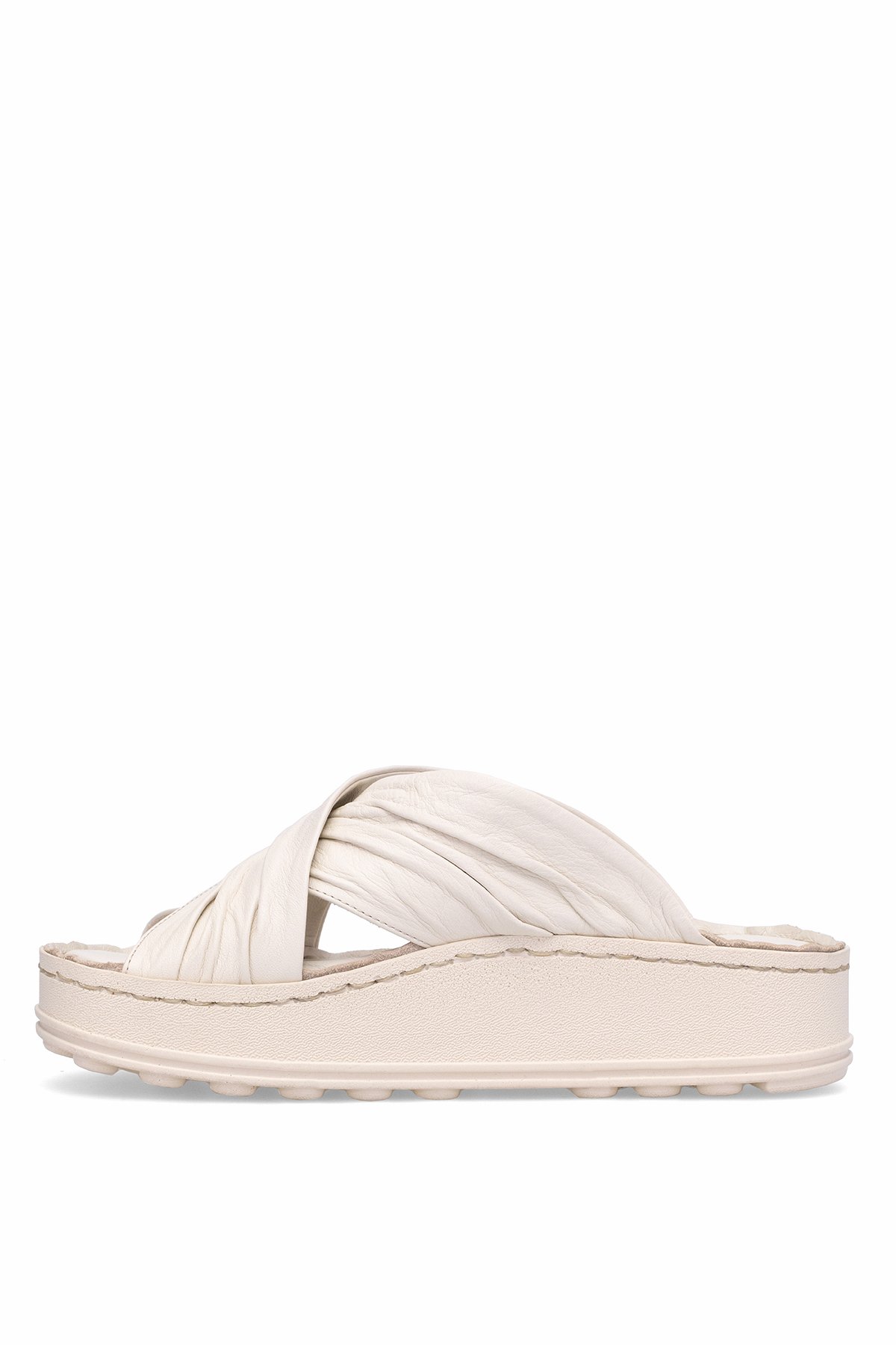 D25YT-1430 Kadın Hakiki Deri Düz Terlik Krem - Görsel 4