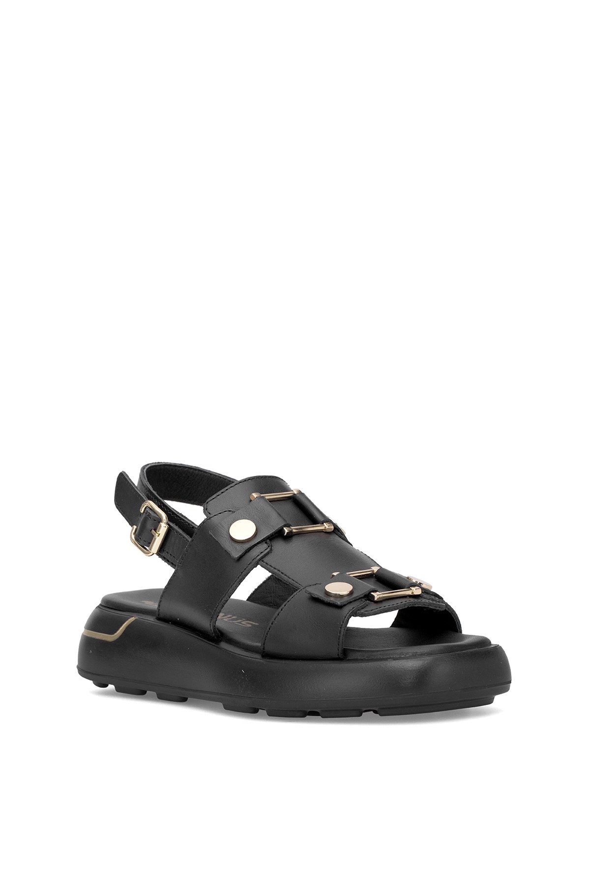 25440007Y Kadın Hakiki Deri Düz Sandalet Siyah - Görsel 3