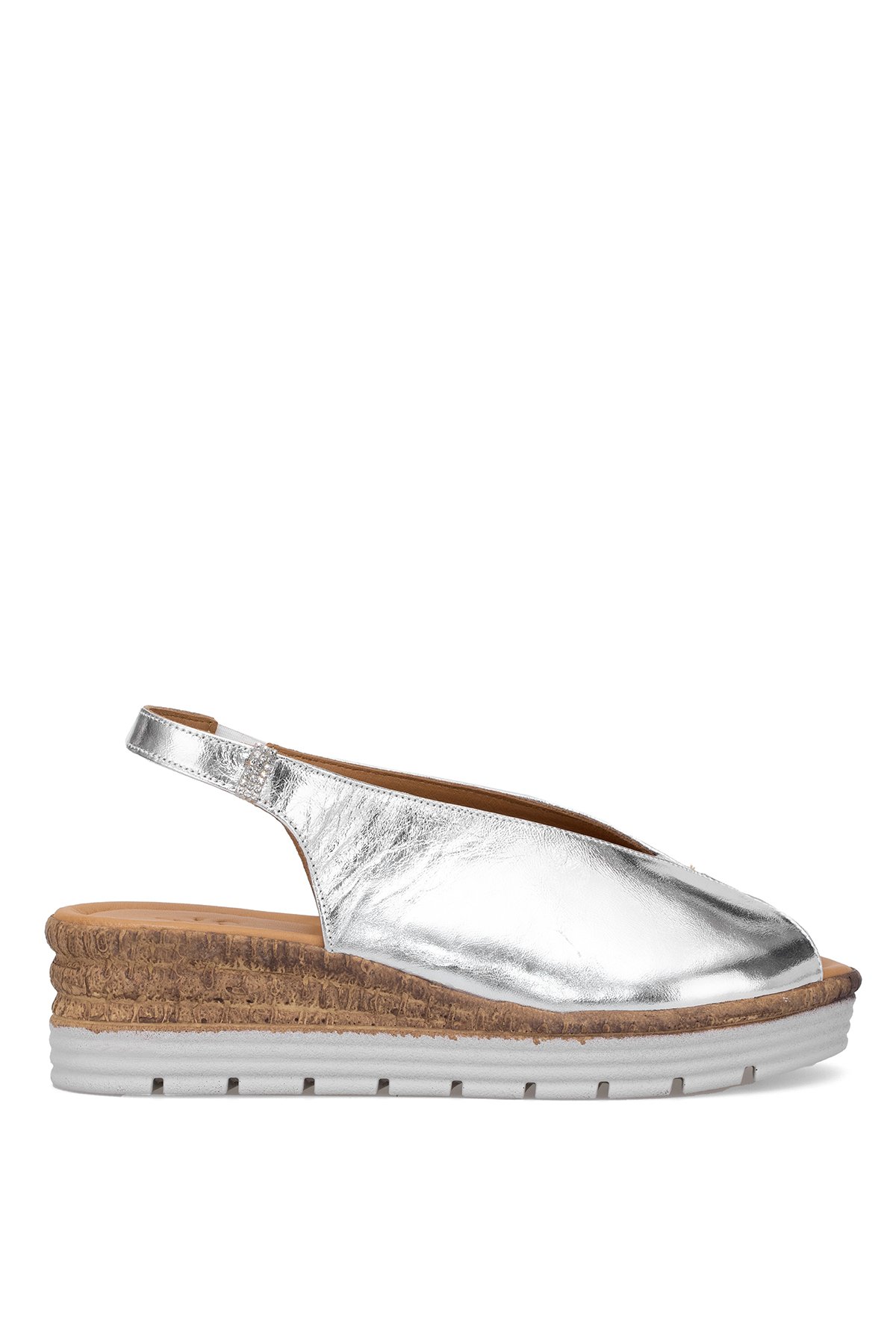 Elit Zeyn8094 Kadın Hakiki Deri Ortopedik Dolgu Topuk Sandalet Gümüş - Görsel 2