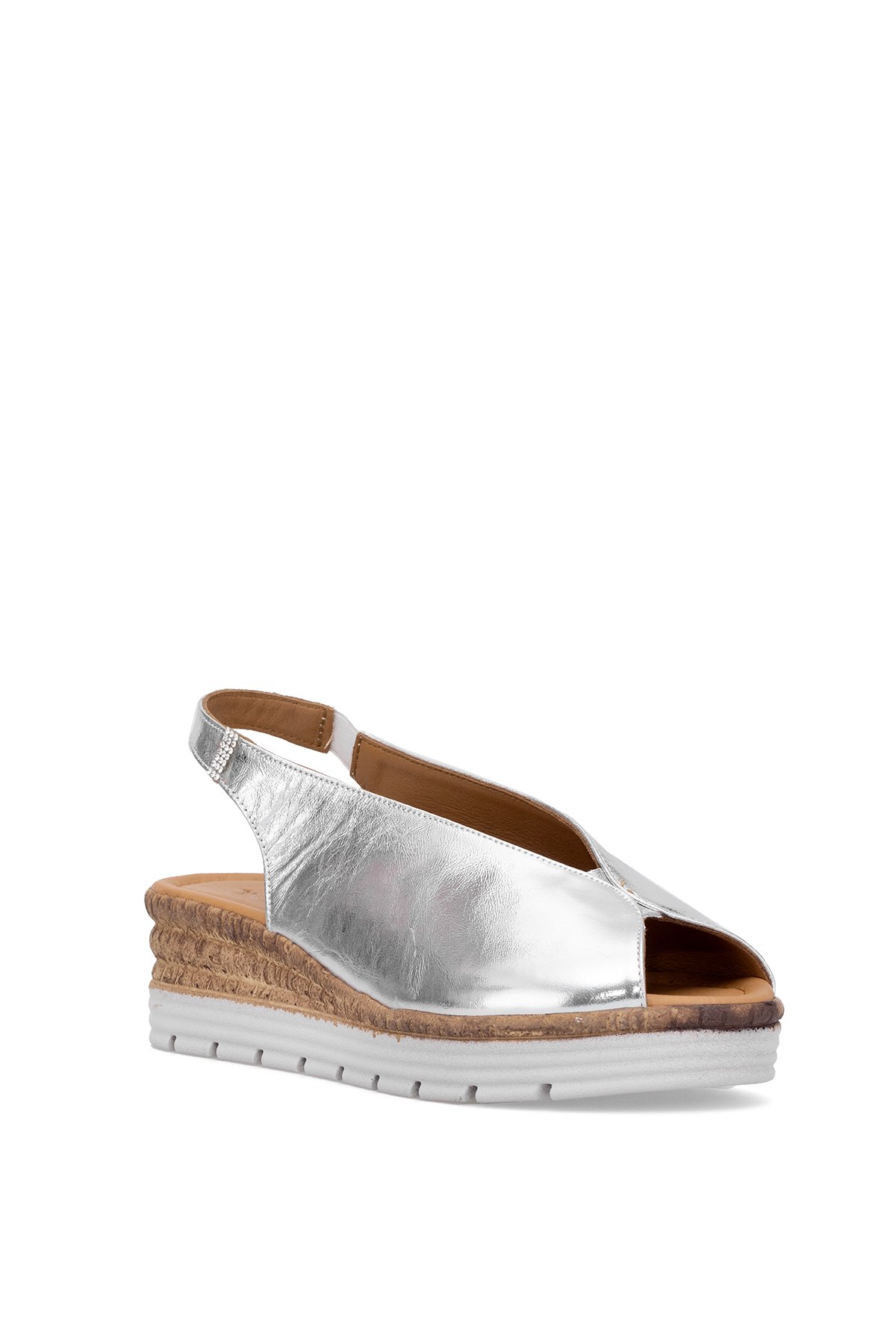 Elit Zeyn8094 Kadın Hakiki Deri Ortopedik Dolgu Topuk Sandalet Gümüş - Görsel 3