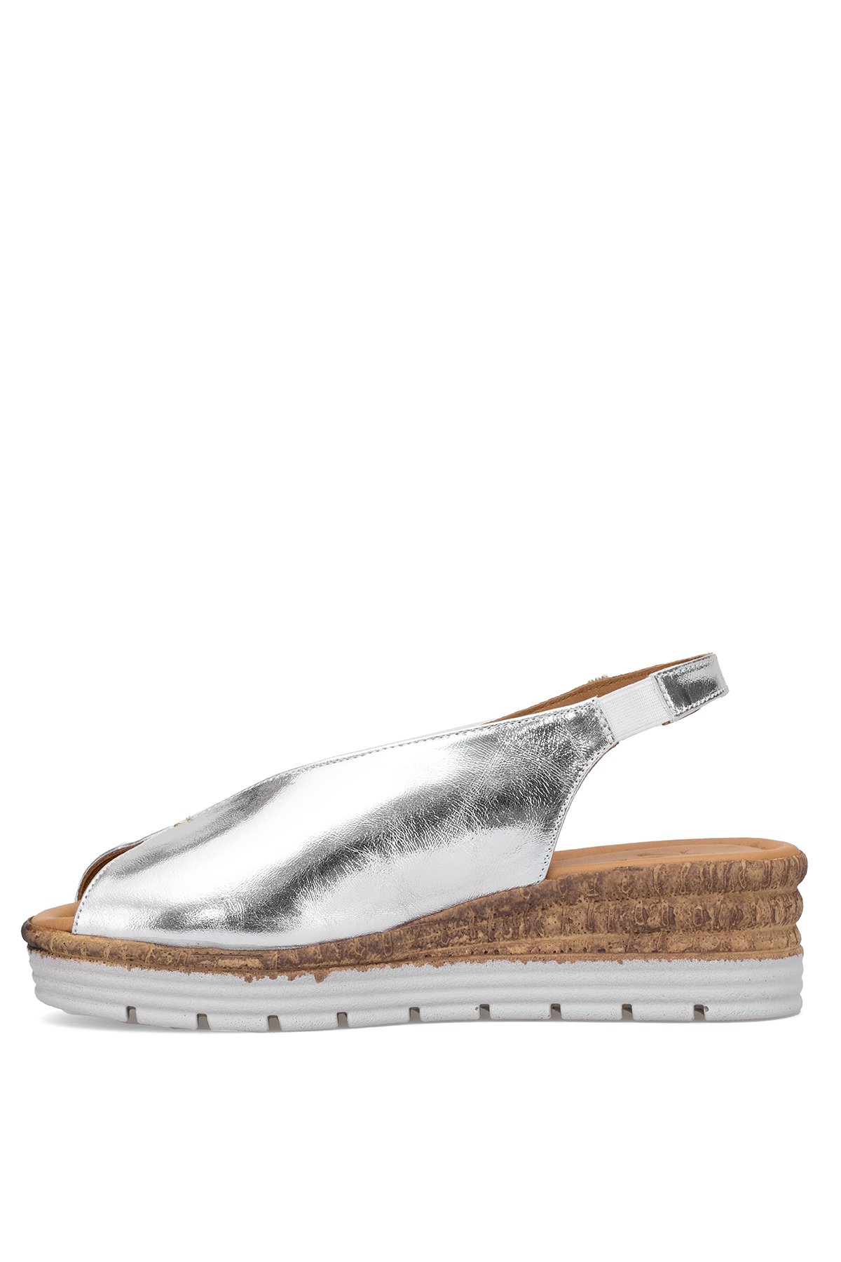 Elit Zeyn8094 Kadın Hakiki Deri Ortopedik Dolgu Topuk Sandalet Gümüş - Görsel 4