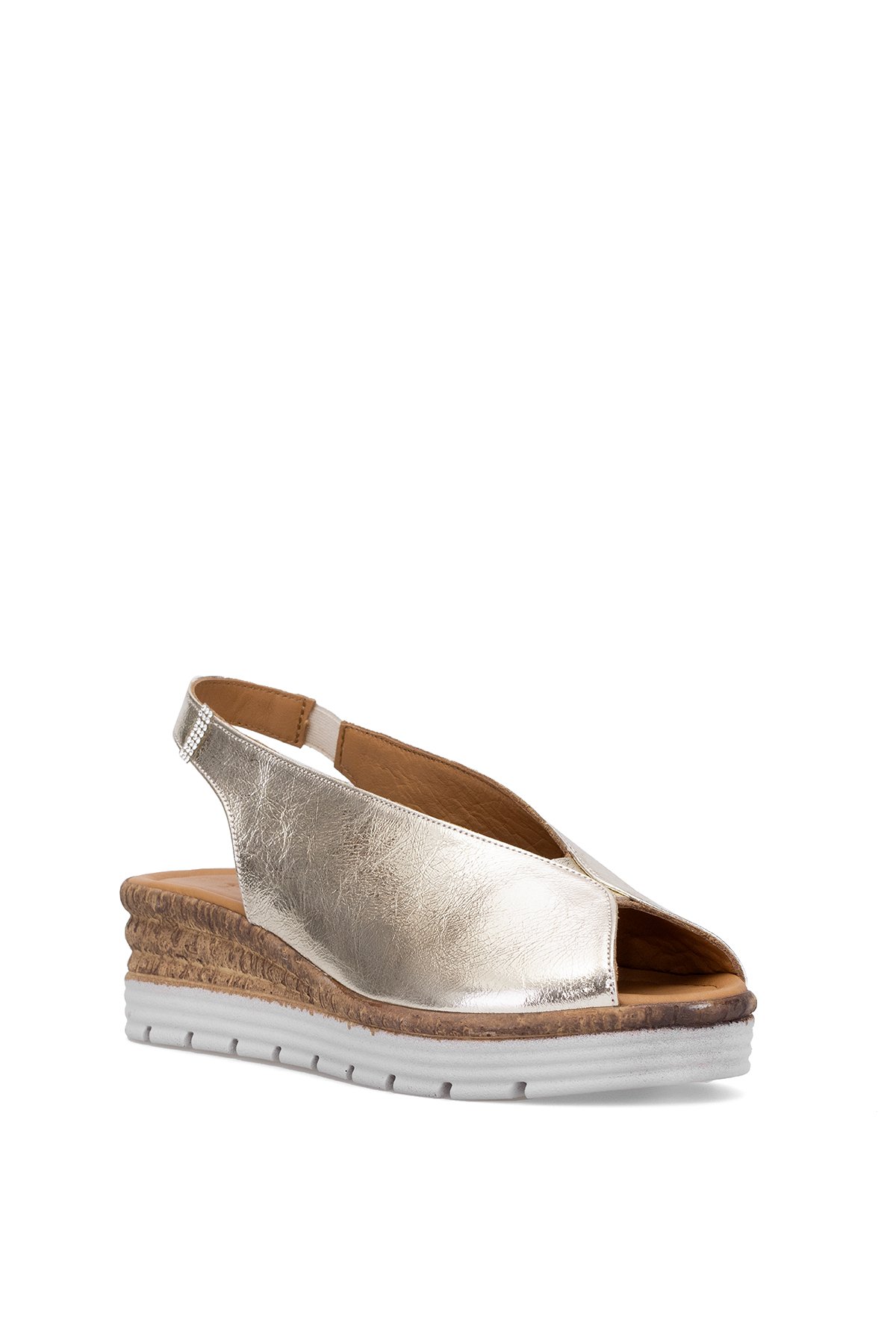 Elit Zeyn8094 Kadın Hakiki Deri Ortopedik Dolgu Topuk Sandalet Altın - Görsel 3