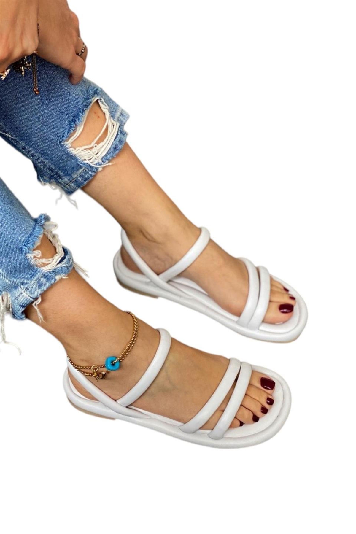 Ortapedik Kadın Sandalet Çift Bantlı Anatomik Rahat Puf Taban BEYAZ - Görsel 2