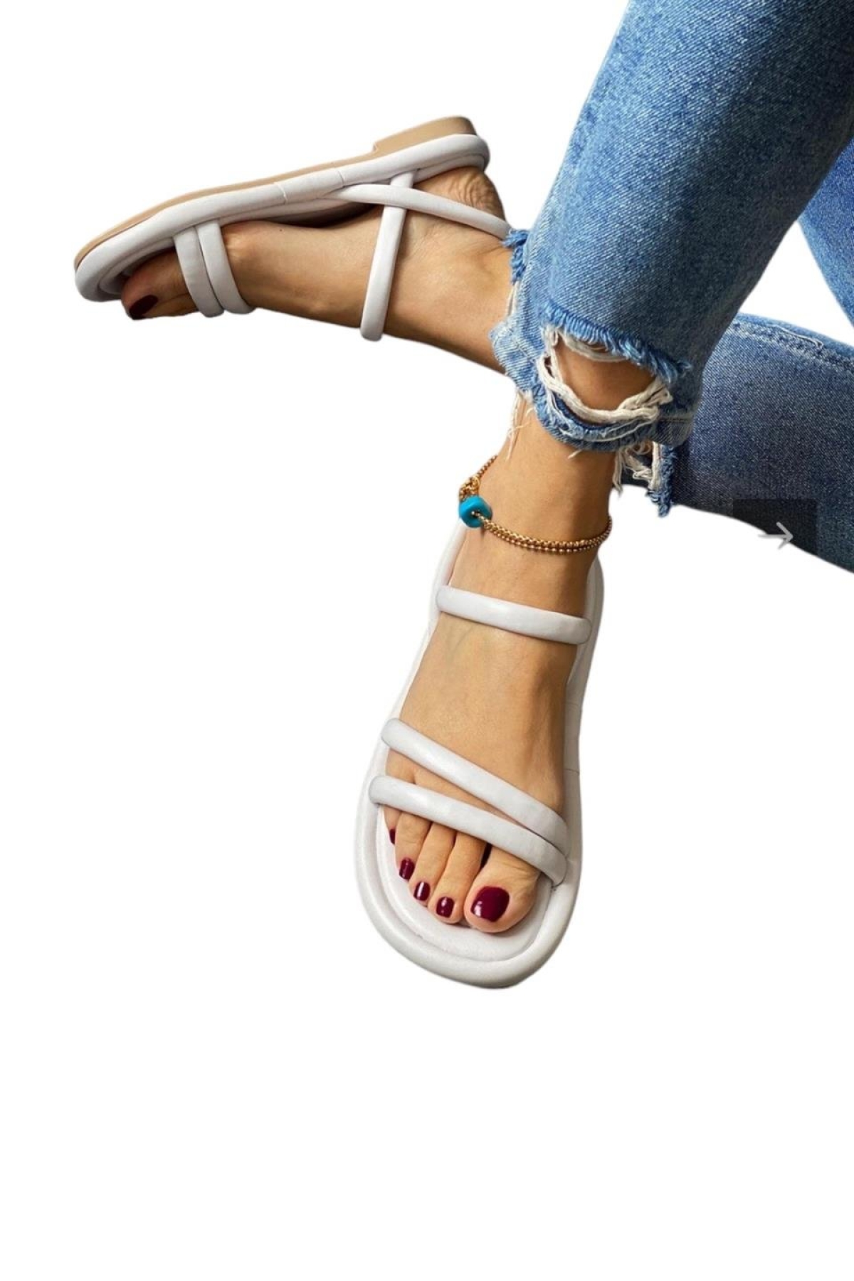 Ortapedik Kadın Sandalet Çift Bantlı Anatomik Rahat Puf Taban BEYAZ - Görsel 5