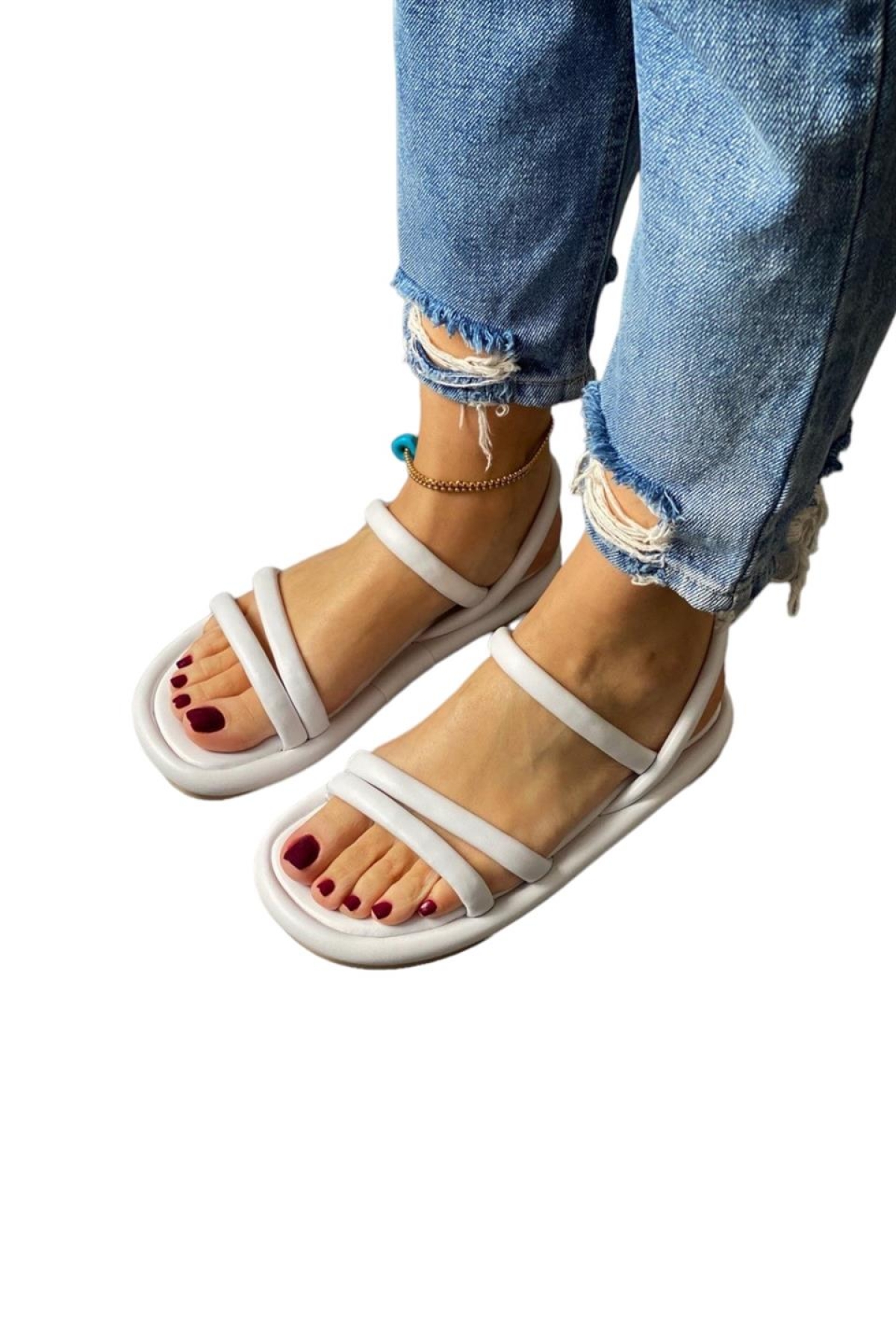 Ortapedik Kadın Sandalet Çift Bantlı Anatomik Rahat Puf Taban BEYAZ - Görsel 6