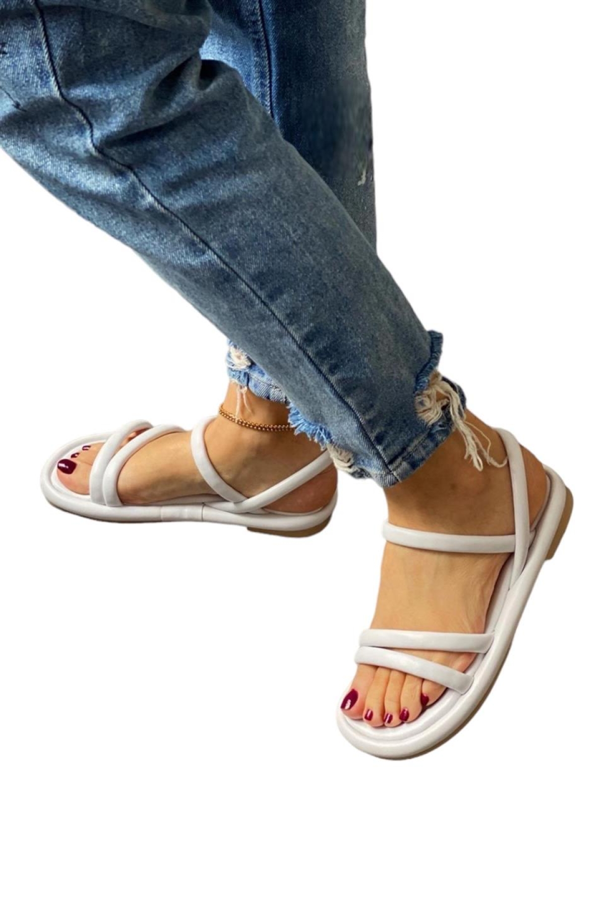 Ortapedik Kadın Sandalet Çift Bantlı Anatomik Rahat Puf Taban BEYAZ - Görsel 7