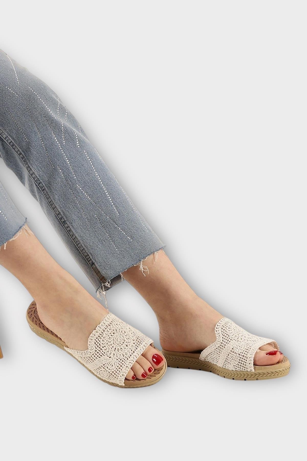 Kadın Örgülü Günlük Rahat Terlik BEYAZ - Görsel 2
