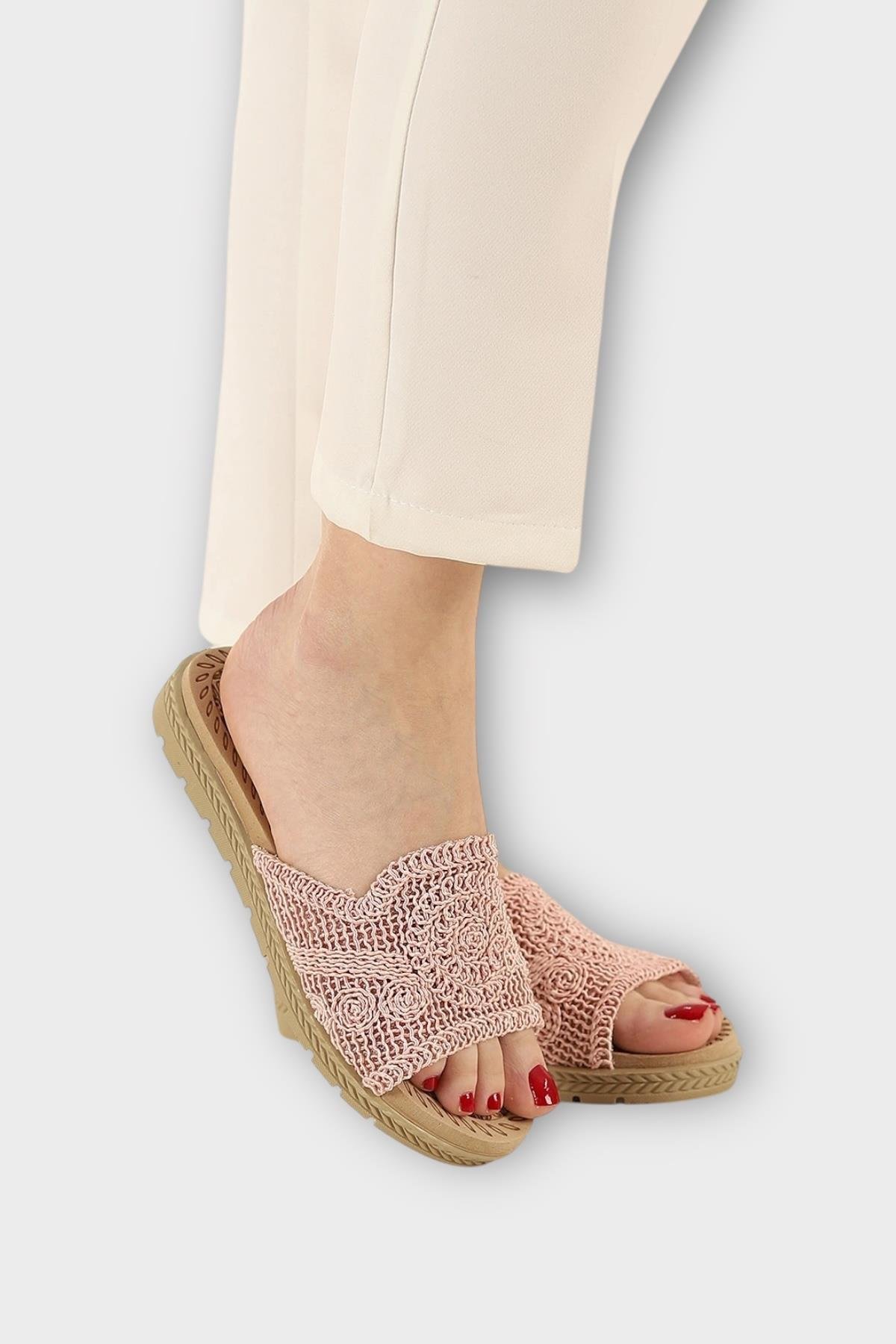Kadın Örgülü Günlük Rahat Terlik PUDRA - Görsel 2