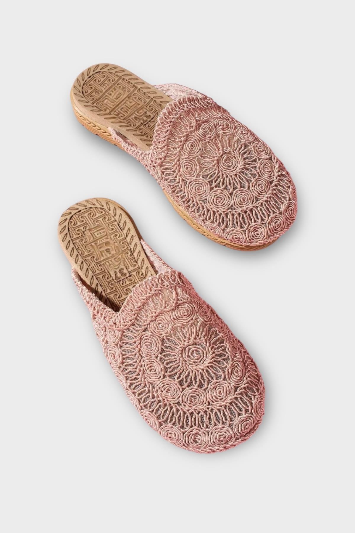 Kadın Hasır Örgü İşlemeli Önü Kapalı Günlük Rahat Terlik PUDRA - Görsel 5