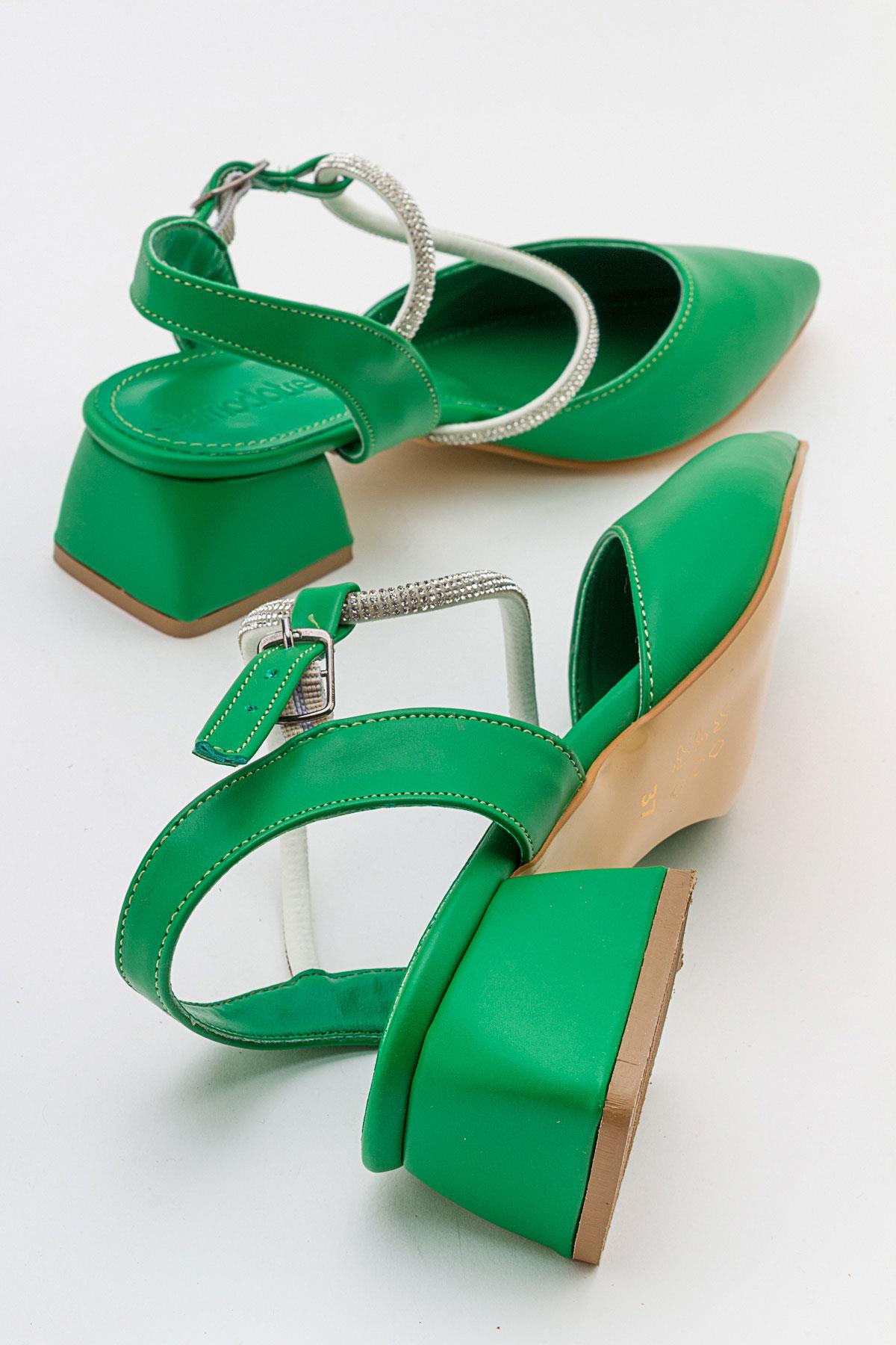 Taşlı Kadın Topuklu Sandalet ÇİMEN YEŞİLİ CİLT - Görsel 5