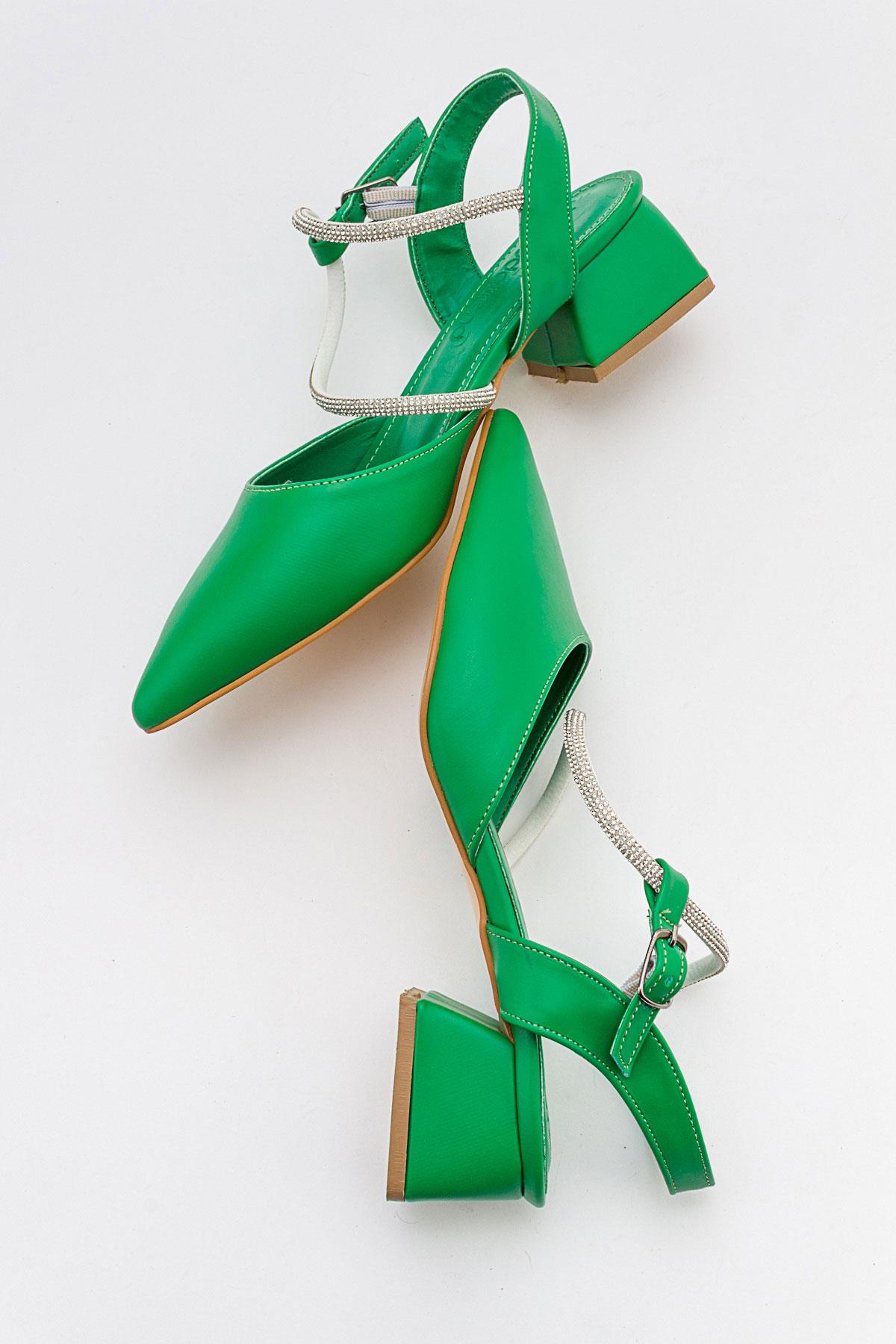 Taşlı Kadın Topuklu Sandalet ÇİMEN YEŞİLİ CİLT - Görsel 7