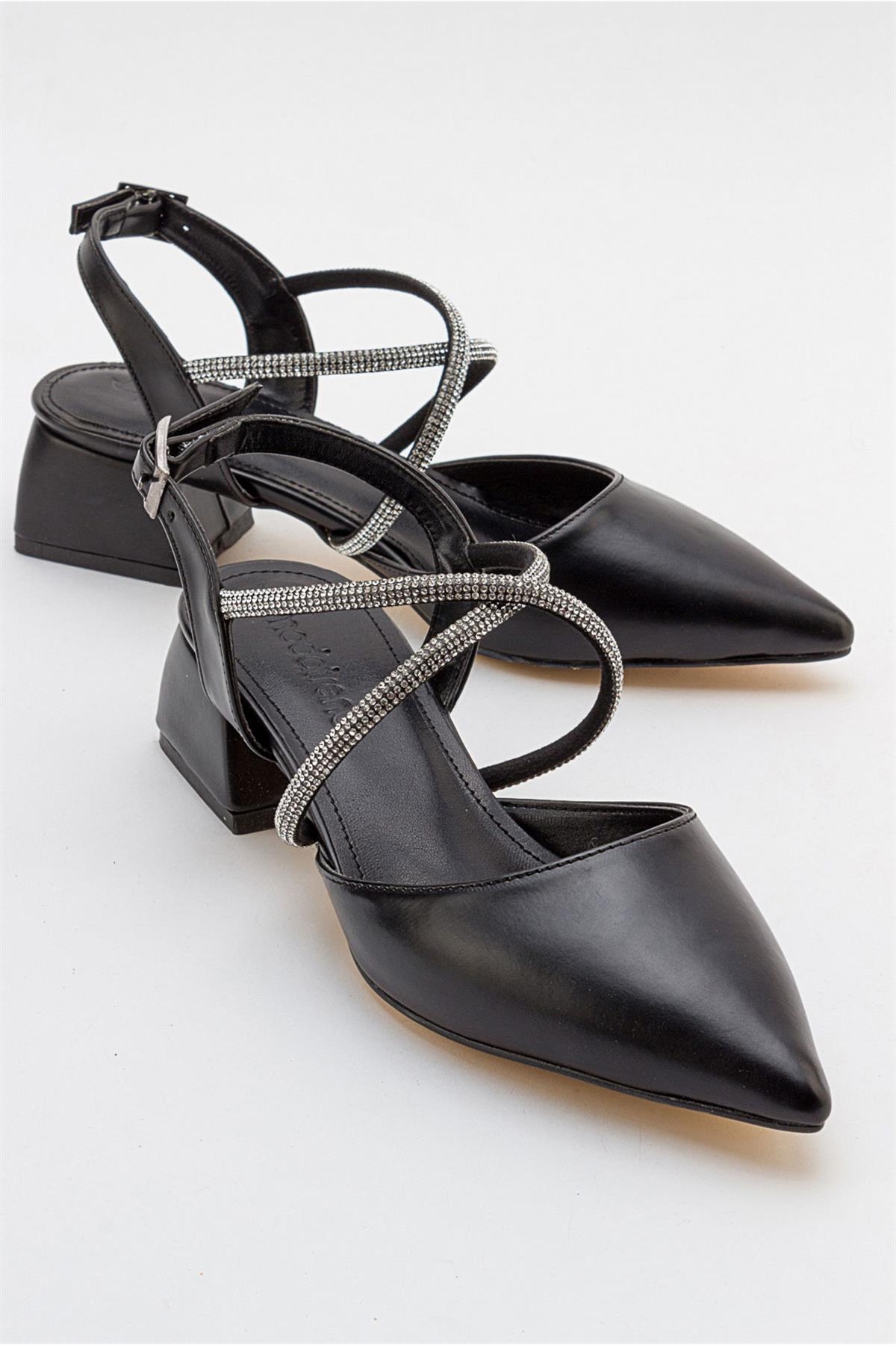 Çapraz Taşlı Kadın Topuklu Sandalet SİYAH CİLT - Görsel 2