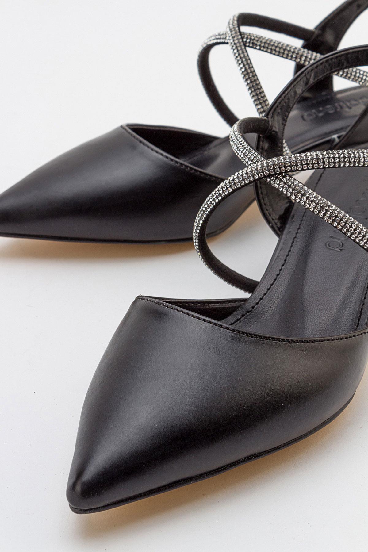 Çapraz Taşlı Kadın Topuklu Sandalet SİYAH CİLT - Görsel 4