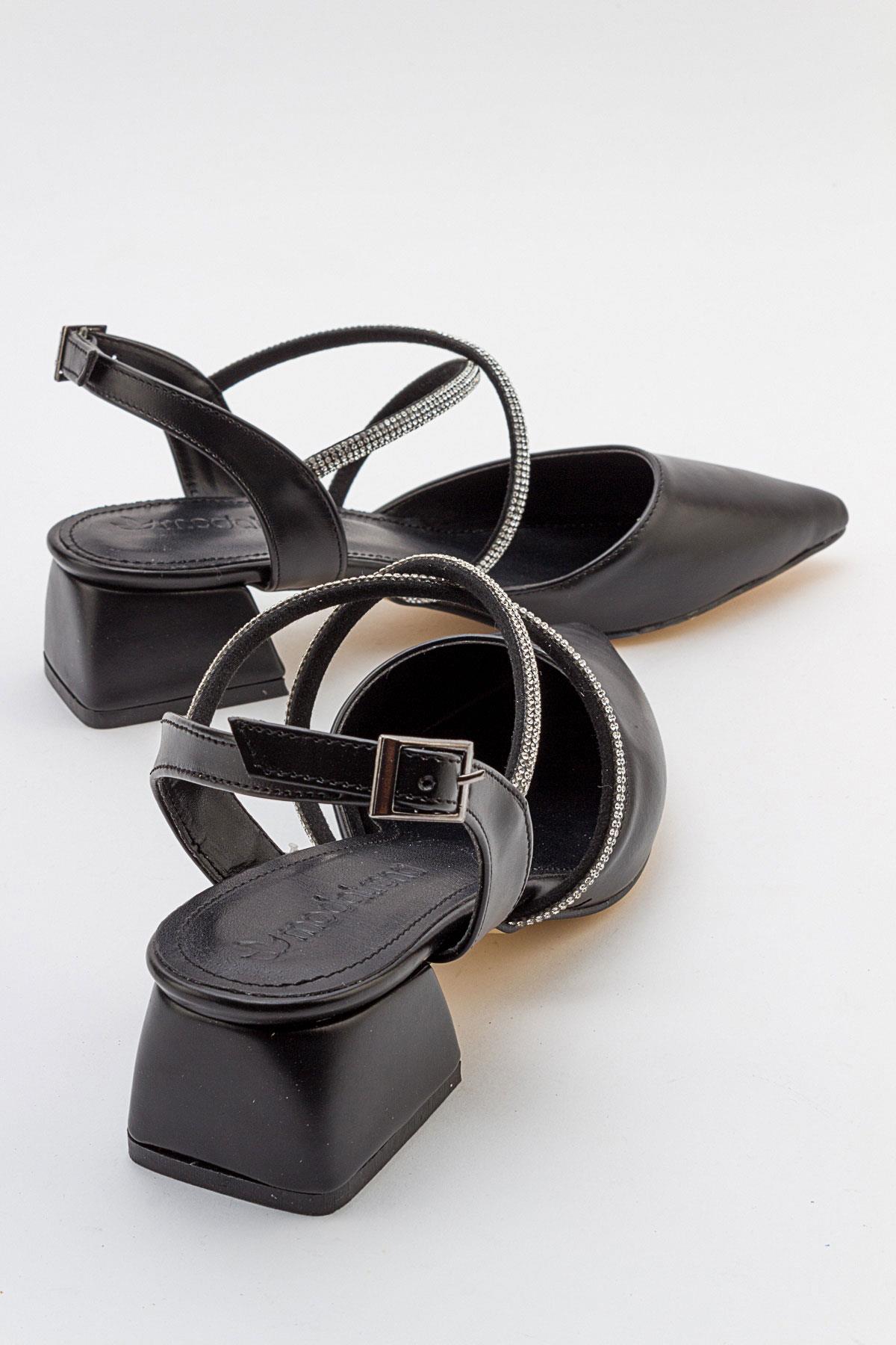 Çapraz Taşlı Kadın Topuklu Sandalet SİYAH CİLT - Görsel 5