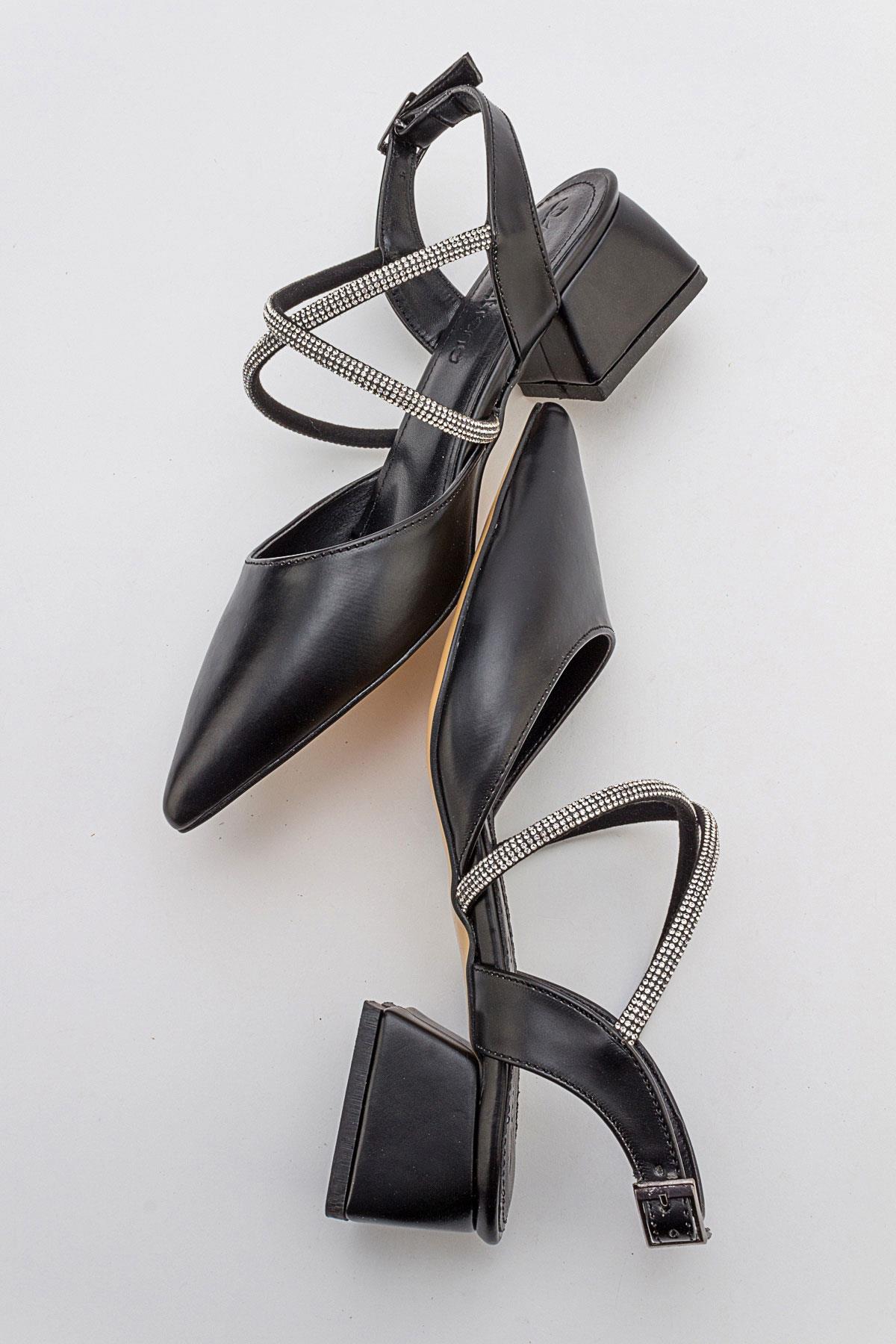 Çapraz Taşlı Kadın Topuklu Sandalet SİYAH CİLT - Görsel 6