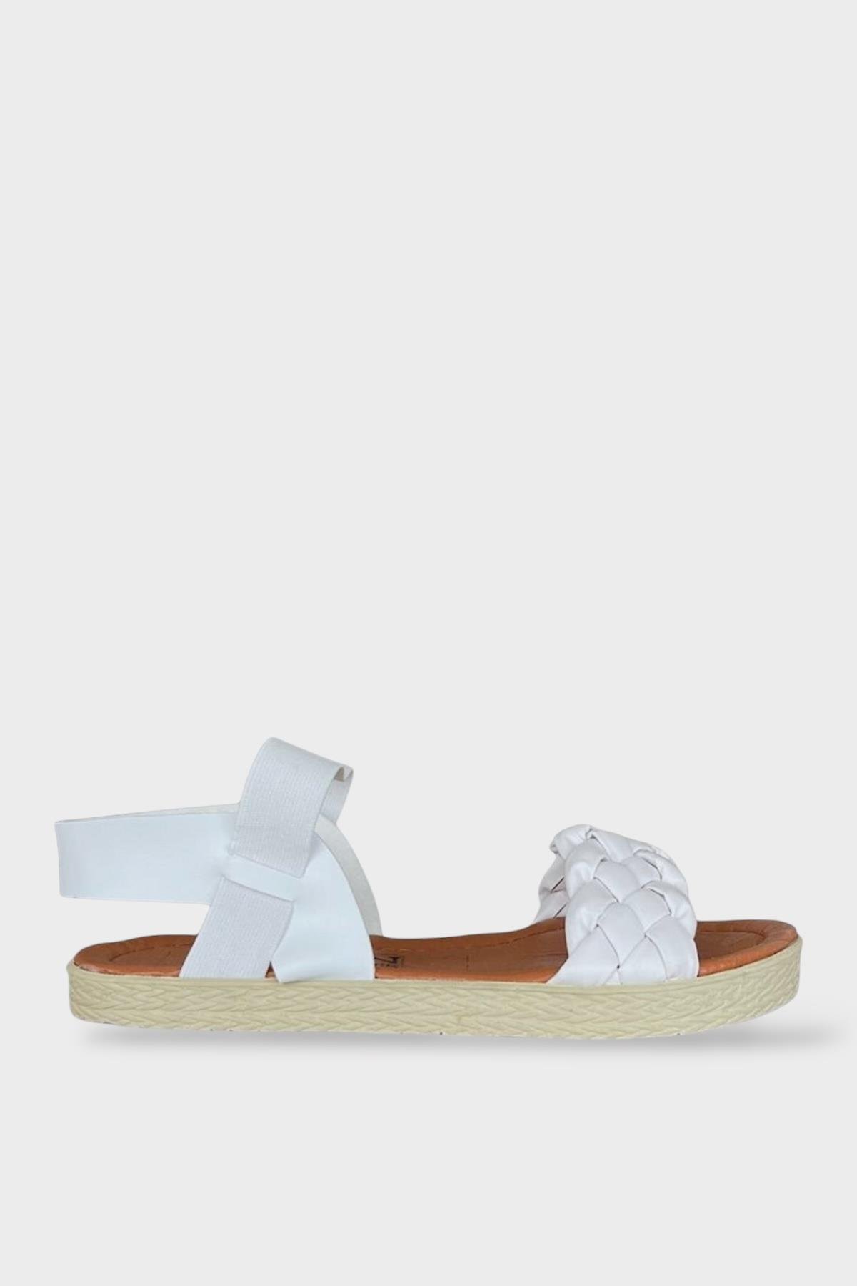Lastikli Örgülü Günlük Kadın Sandalet BEYAZ - Görsel 2