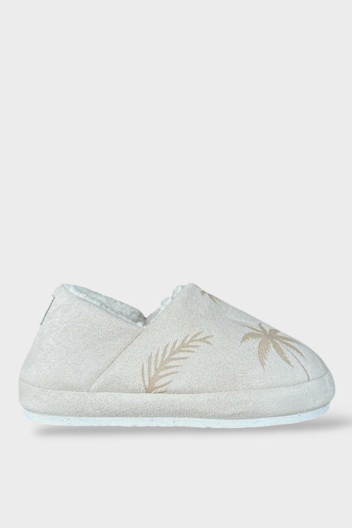 Ultra Hafif Palmiye Desenli Yünlü Ev Ayakkabısı Kadın Panduf BEYAZ - Görsel 2