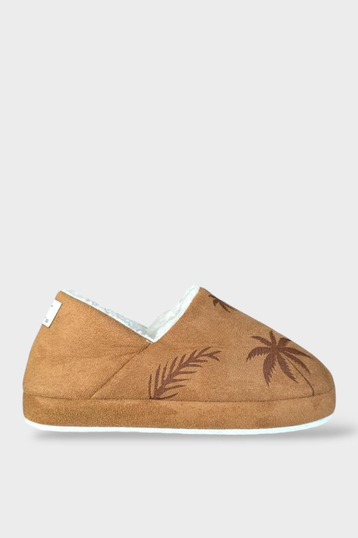 Ultra Hafif Palmiye Desenli Yünlü Ev Ayakkabısı Kadın Panduf TABA - Görsel 2