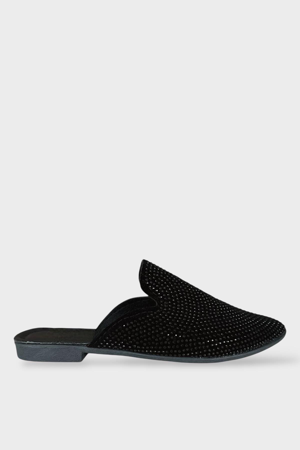 Süet Sivri Burun Taş Tasarımlı Kadın Terlik SİYAH - PLATİN - Görsel 2