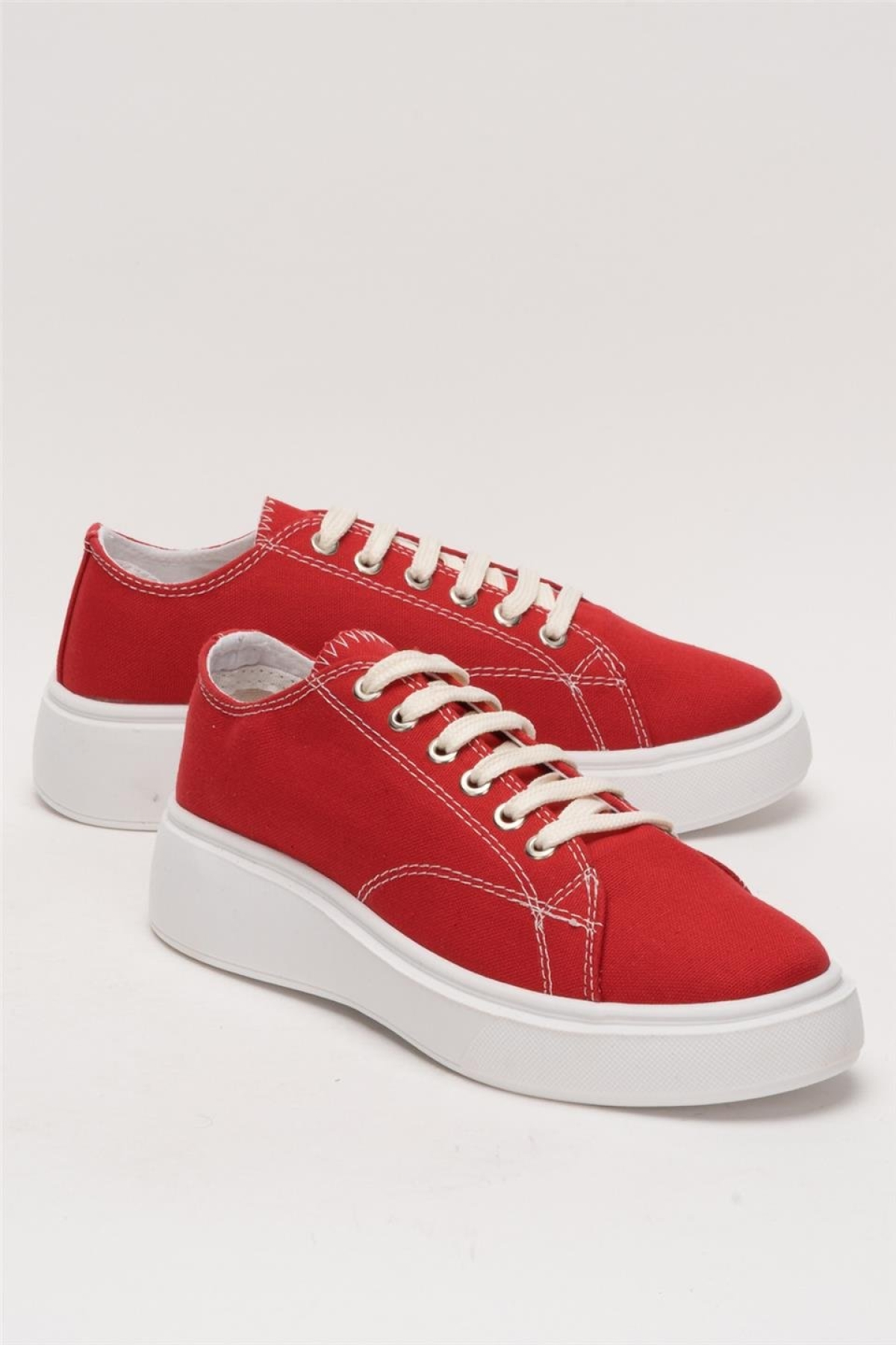 Kadın Rahat Kalıp Kalın Taban Keten Sneakers KIRMIZI - Görsel 3