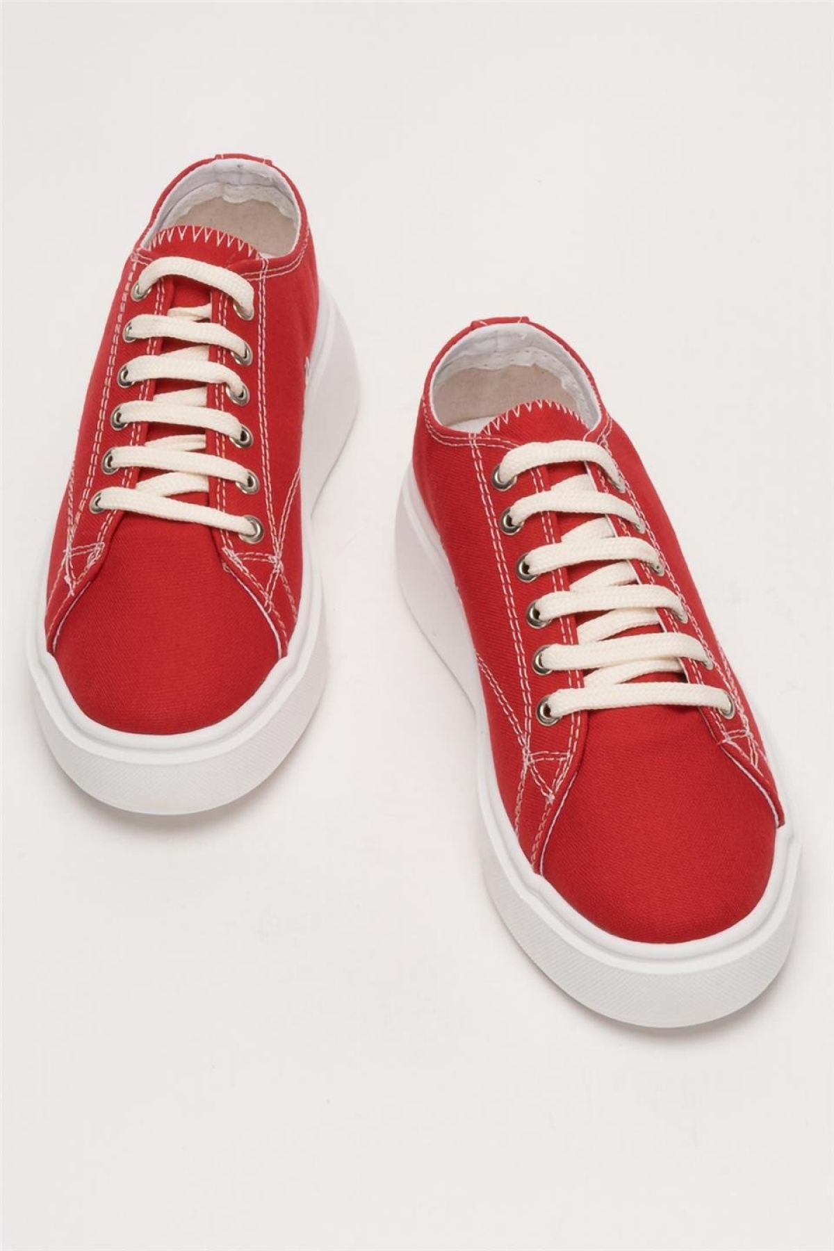 Kadın Rahat Kalıp Kalın Taban Keten Sneakers KIRMIZI - Görsel 7