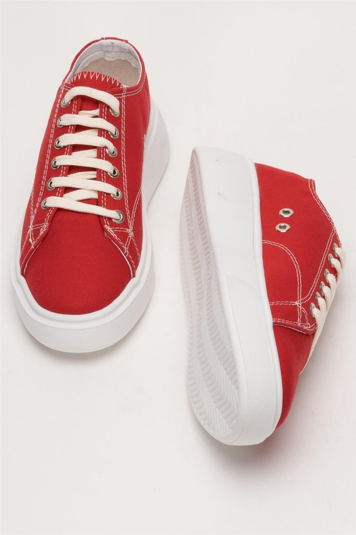 Kadın Rahat Kalıp Kalın Taban Keten Sneakers KIRMIZI - Görsel 8