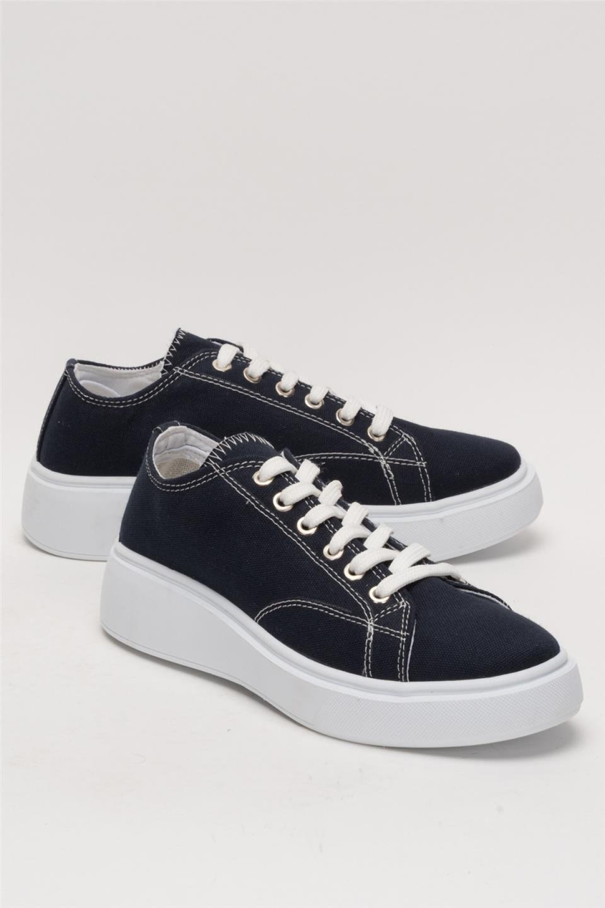 Kadın Rahat Kalıp Kalın Taban Keten Sneakers LACİVERT - Görsel 3