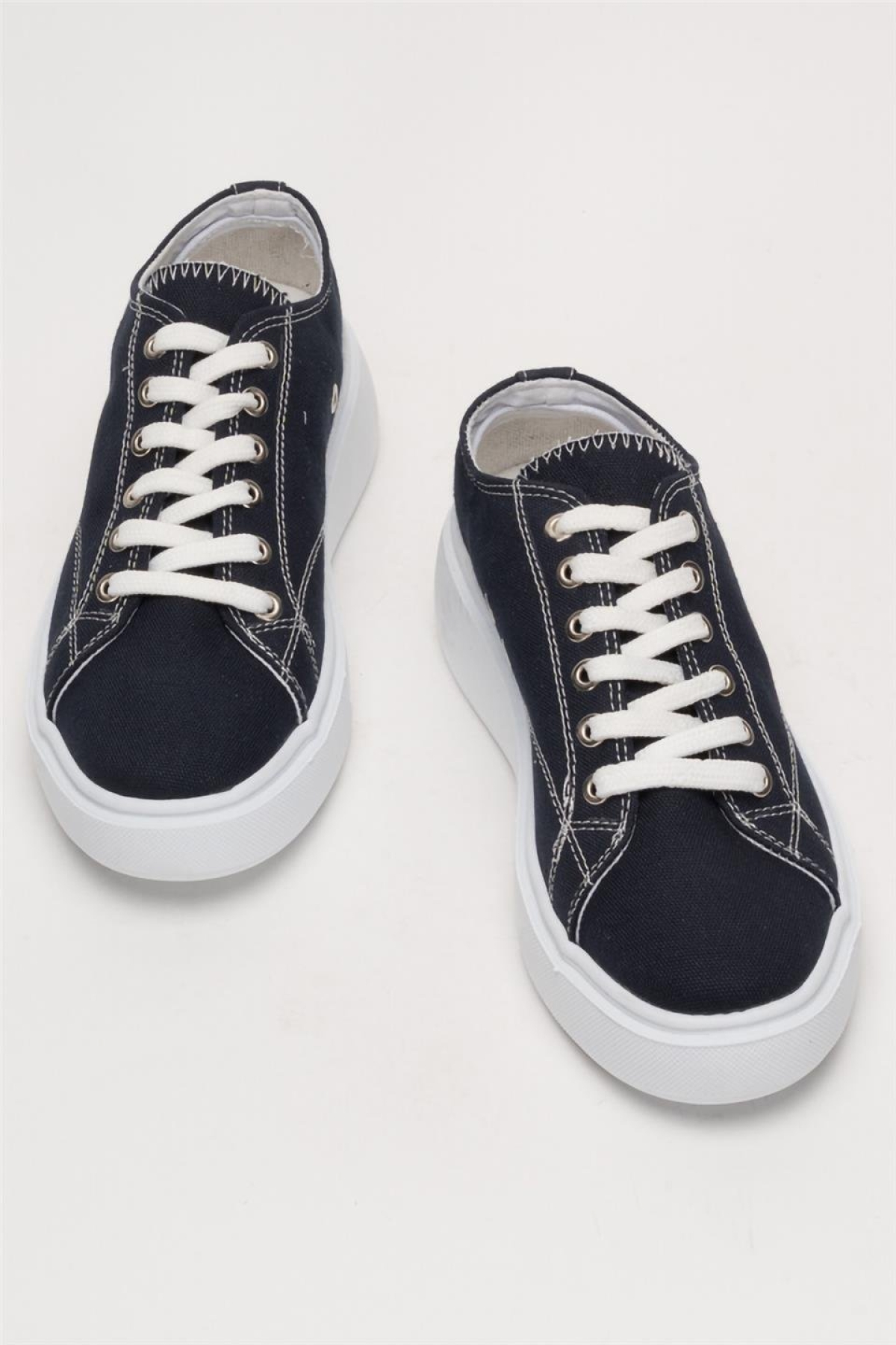 Kadın Rahat Kalıp Kalın Taban Keten Sneakers LACİVERT - Görsel 7