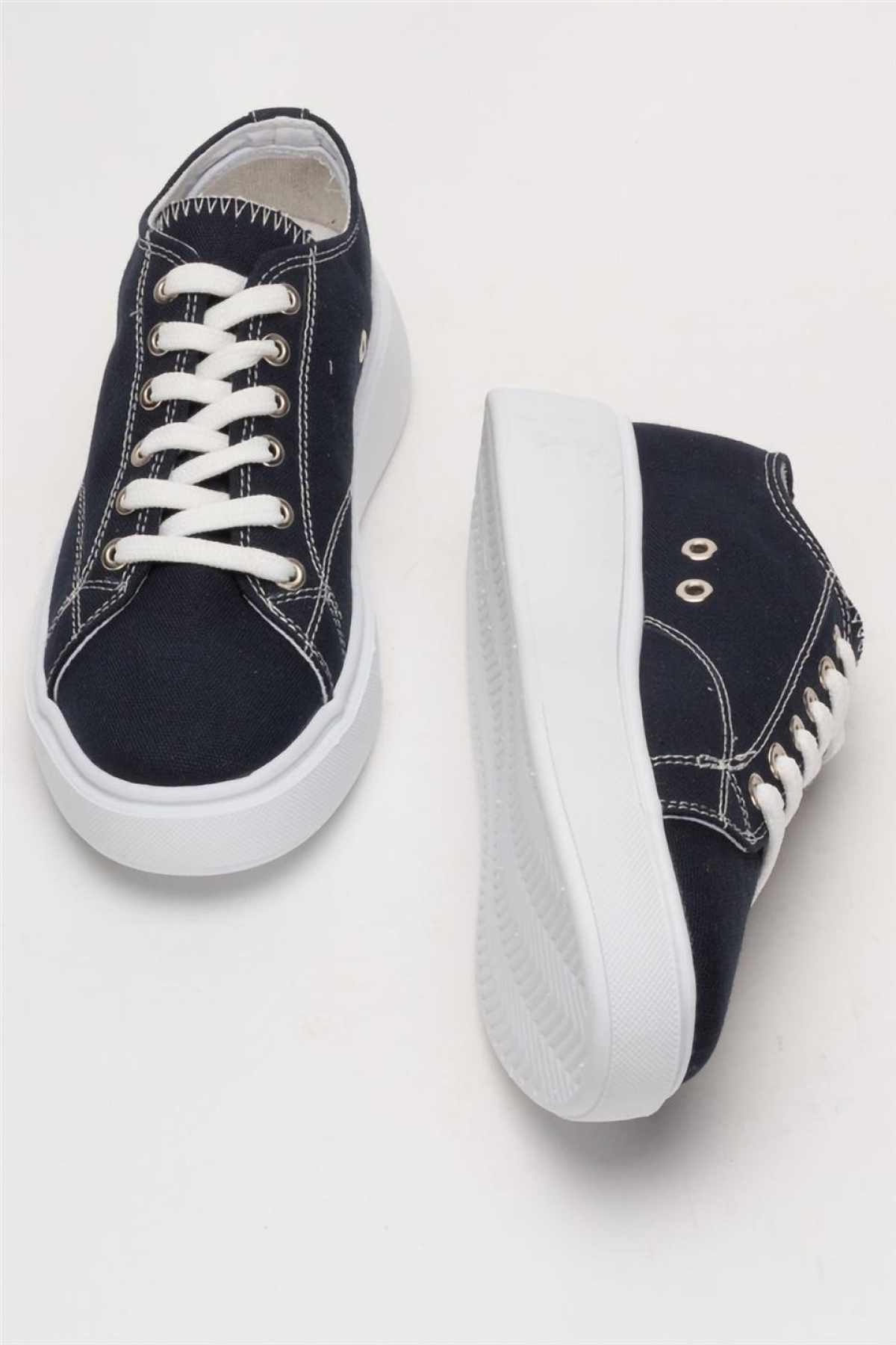 Kadın Rahat Kalıp Kalın Taban Keten Sneakers LACİVERT - Görsel 8