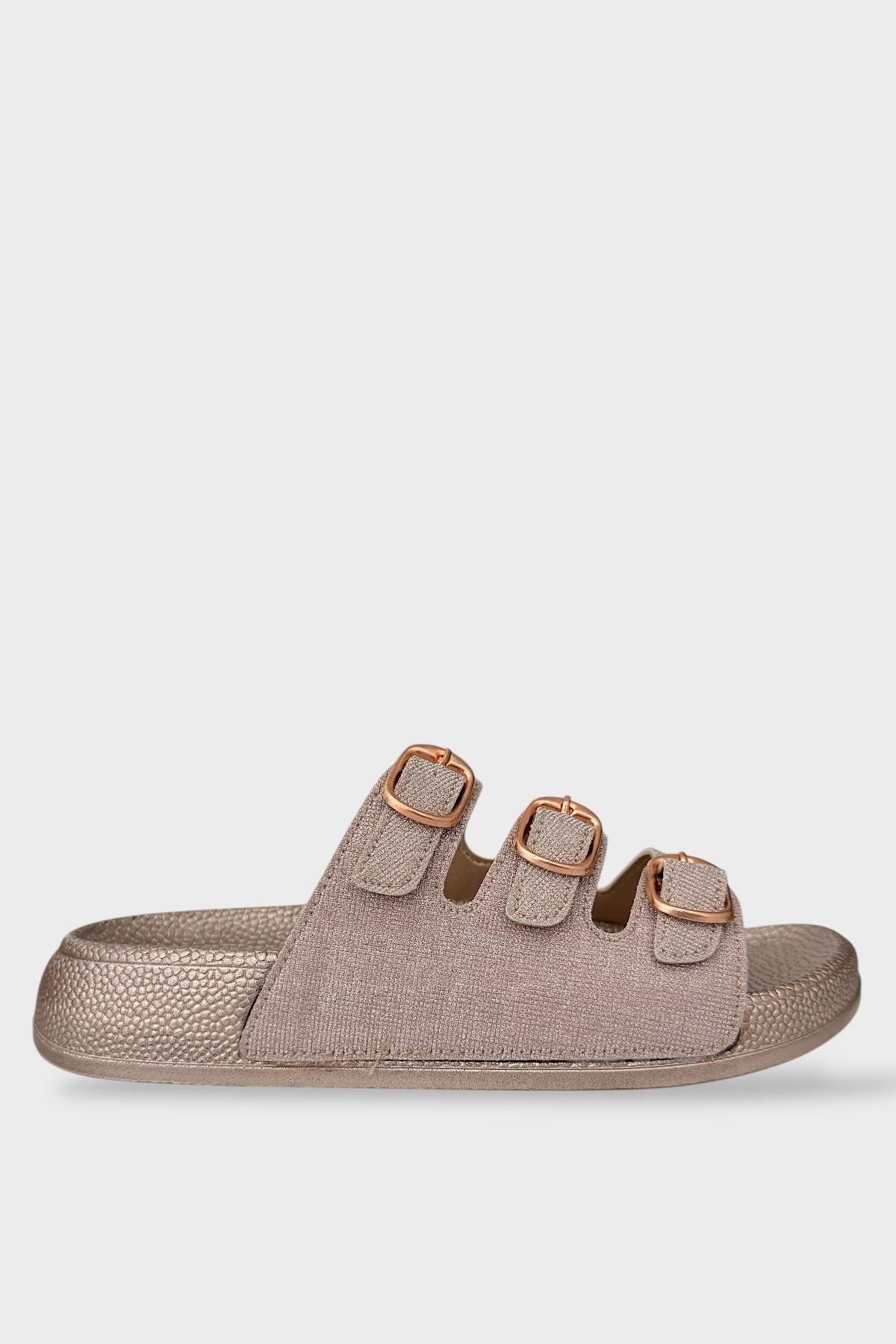 Kadın Üç Bant Ayarlanabilr Tokalı Terlik BRONZ - Görsel 2