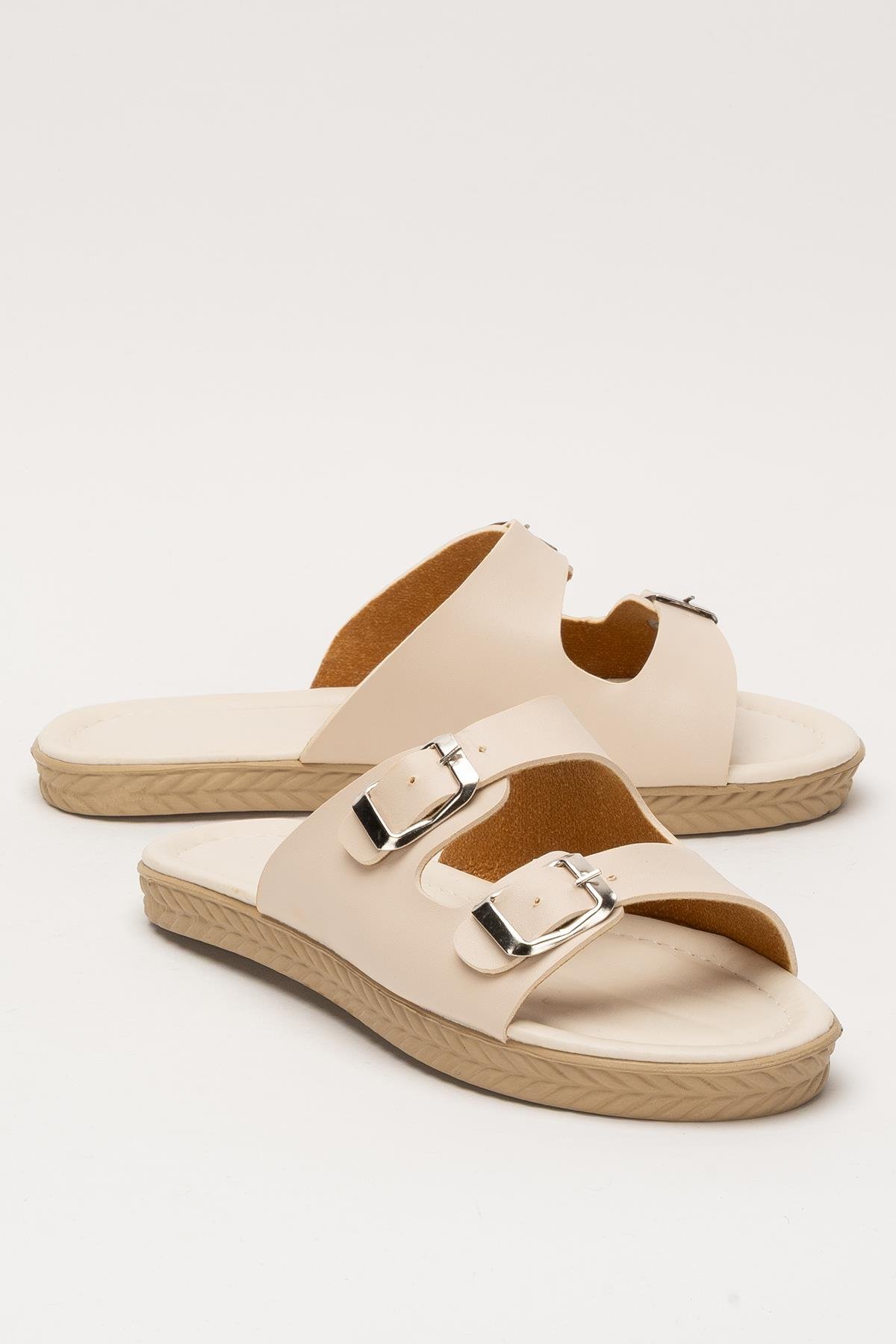 Kadın Çift Bant Ayarlanabilr Tokalı Terlik KREM - Görsel 3