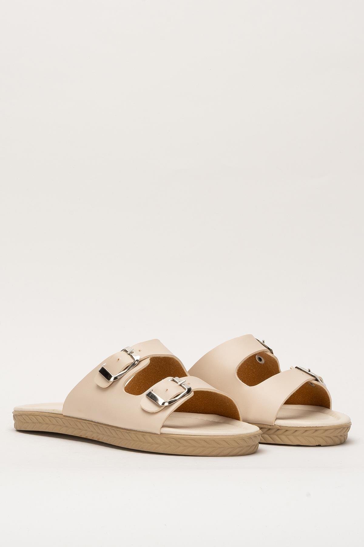 Kadın Çift Bant Ayarlanabilr Tokalı Terlik KREM - Görsel 4