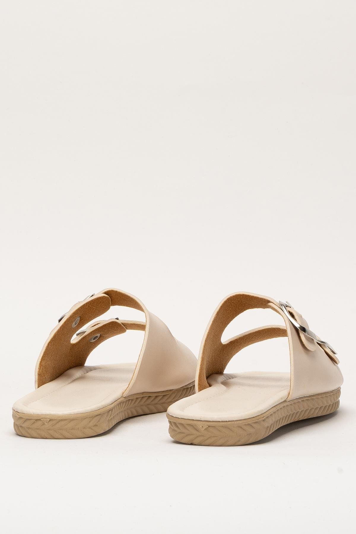 Kadın Çift Bant Ayarlanabilr Tokalı Terlik KREM - Görsel 5