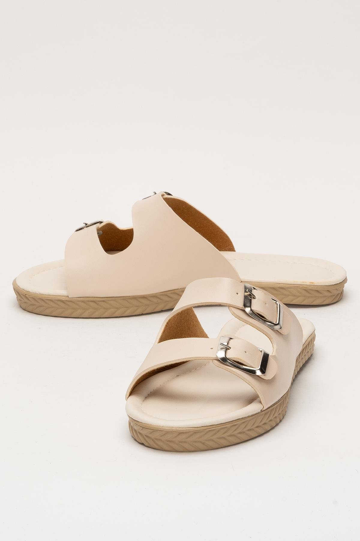 Kadın Çift Bant Ayarlanabilr Tokalı Terlik KREM - Görsel 6