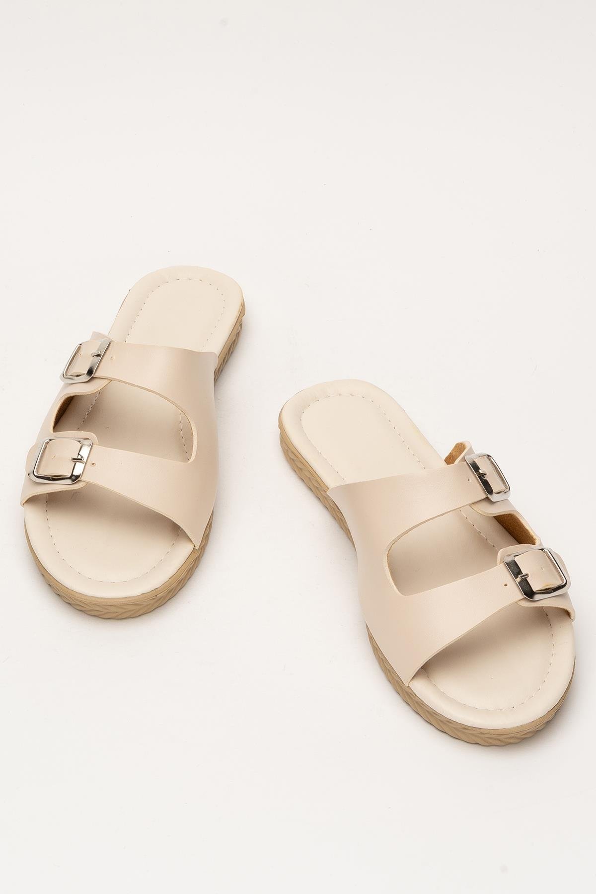 Kadın Çift Bant Ayarlanabilr Tokalı Terlik KREM - Görsel 7