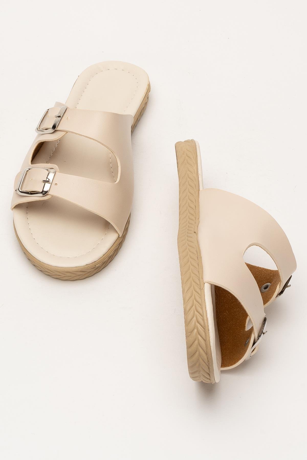 Kadın Çift Bant Ayarlanabilr Tokalı Terlik KREM - Görsel 8